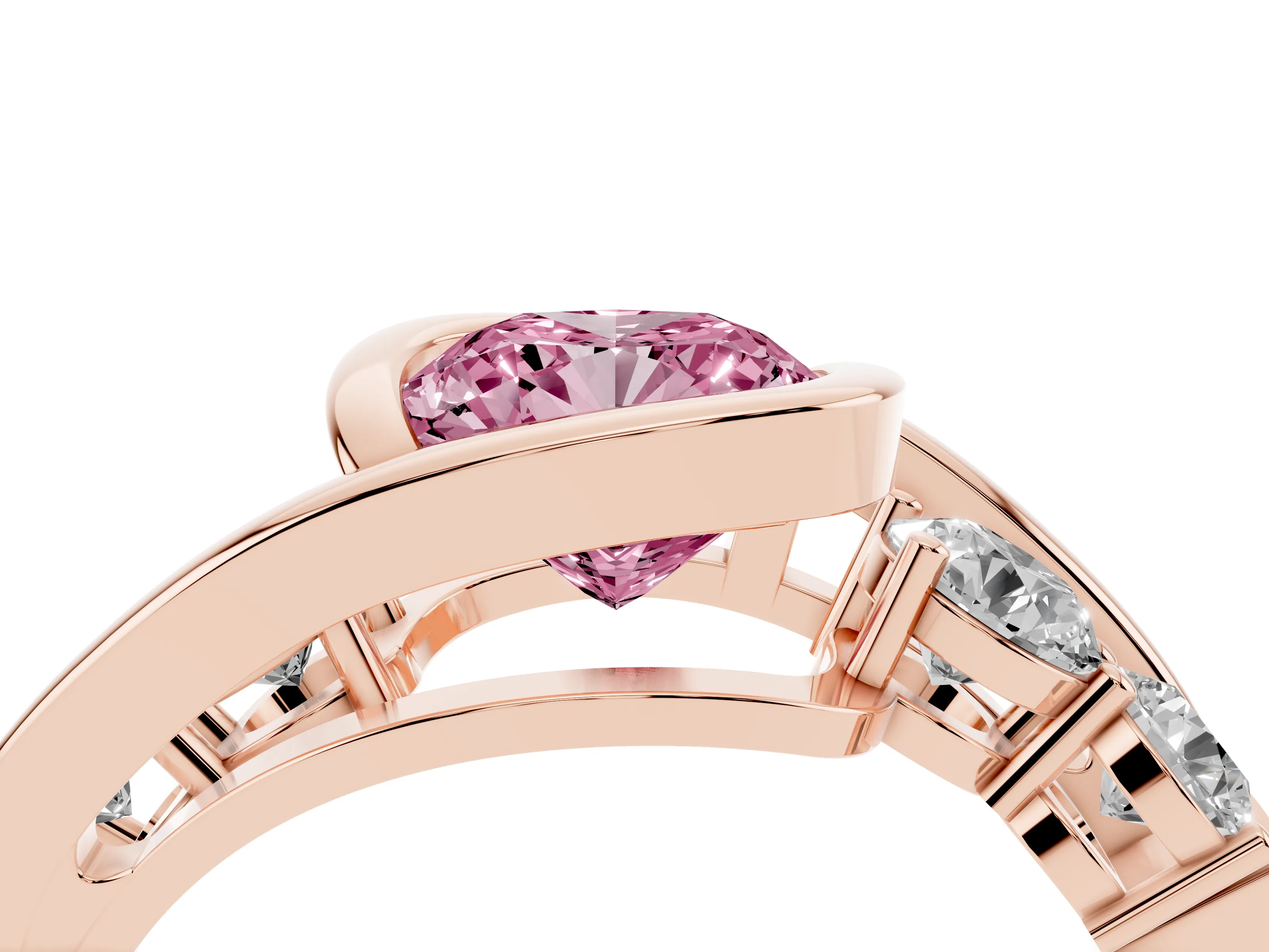 Fancy Pink Cushion Cut Diamond Bezel Bypass Ring Set in Rose gold with Round Accents