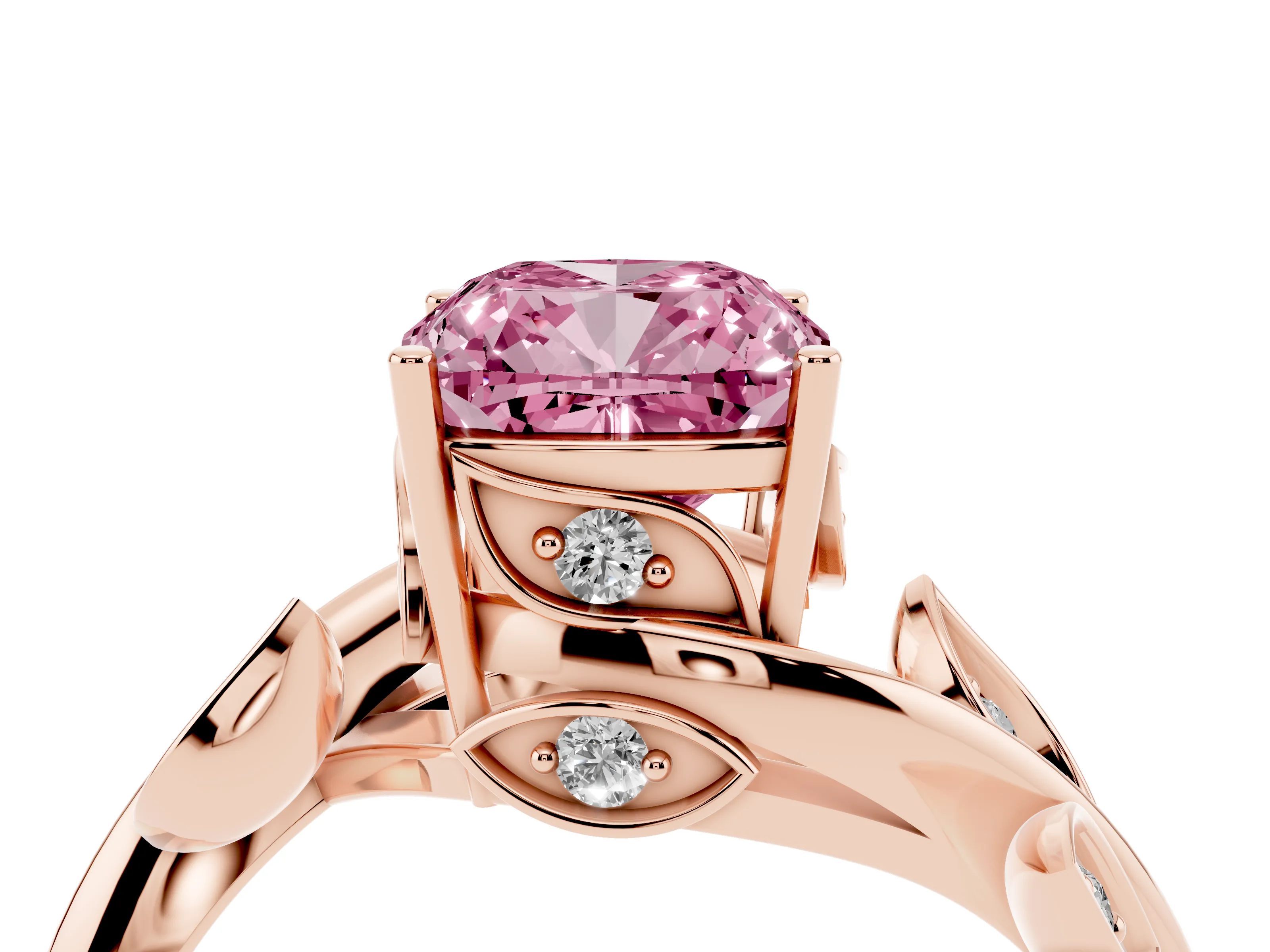 Fancy Pink Cushion Cut Diamond Solitaire Twist Engagement Ring Set in Rose gold with Pavé Leaf Accents