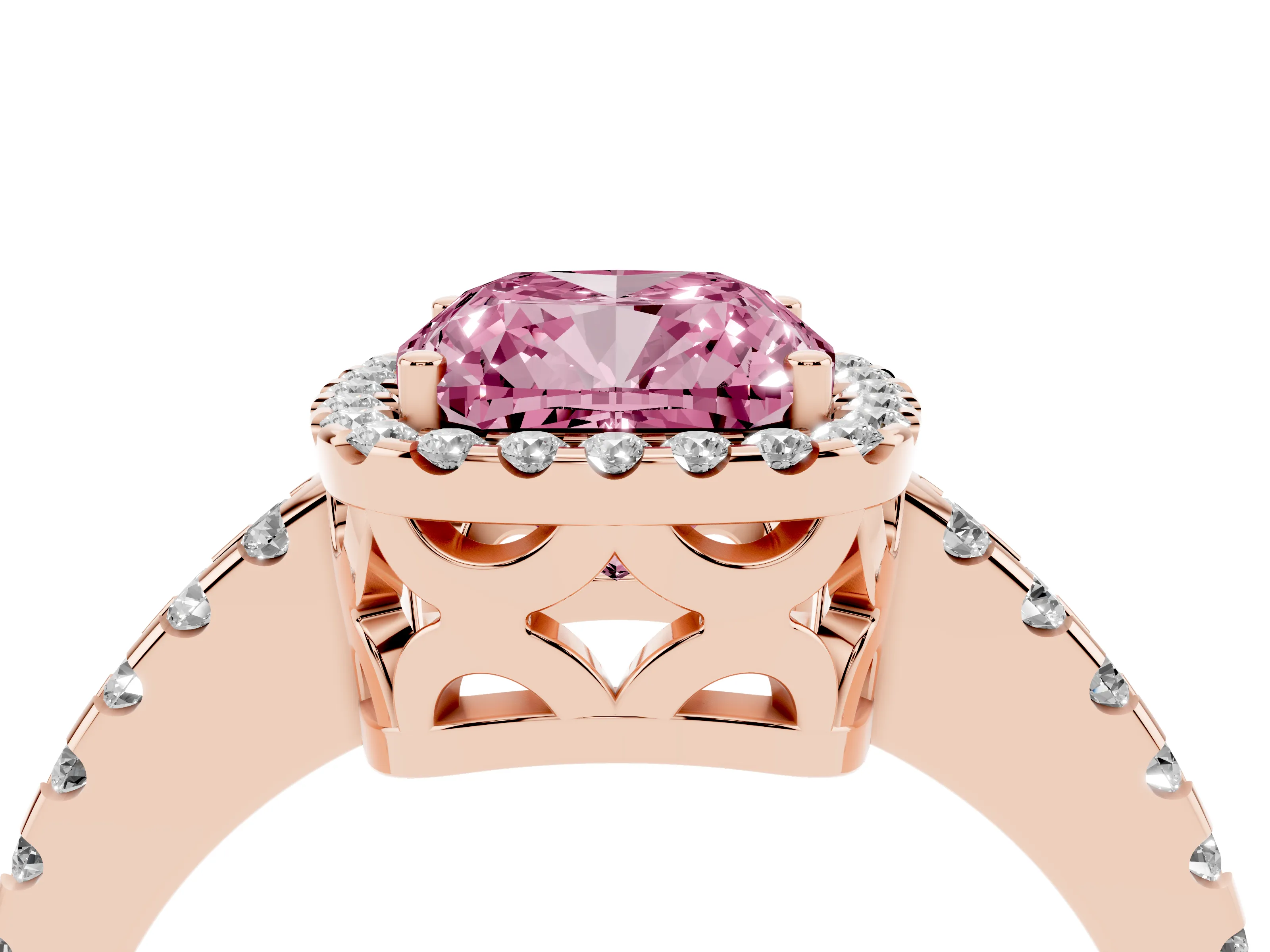 Fancy Pink Cushion Cut Diamond Halo Ring Set in Rose gold with Pavé Shoulders and Halo-Framed Center