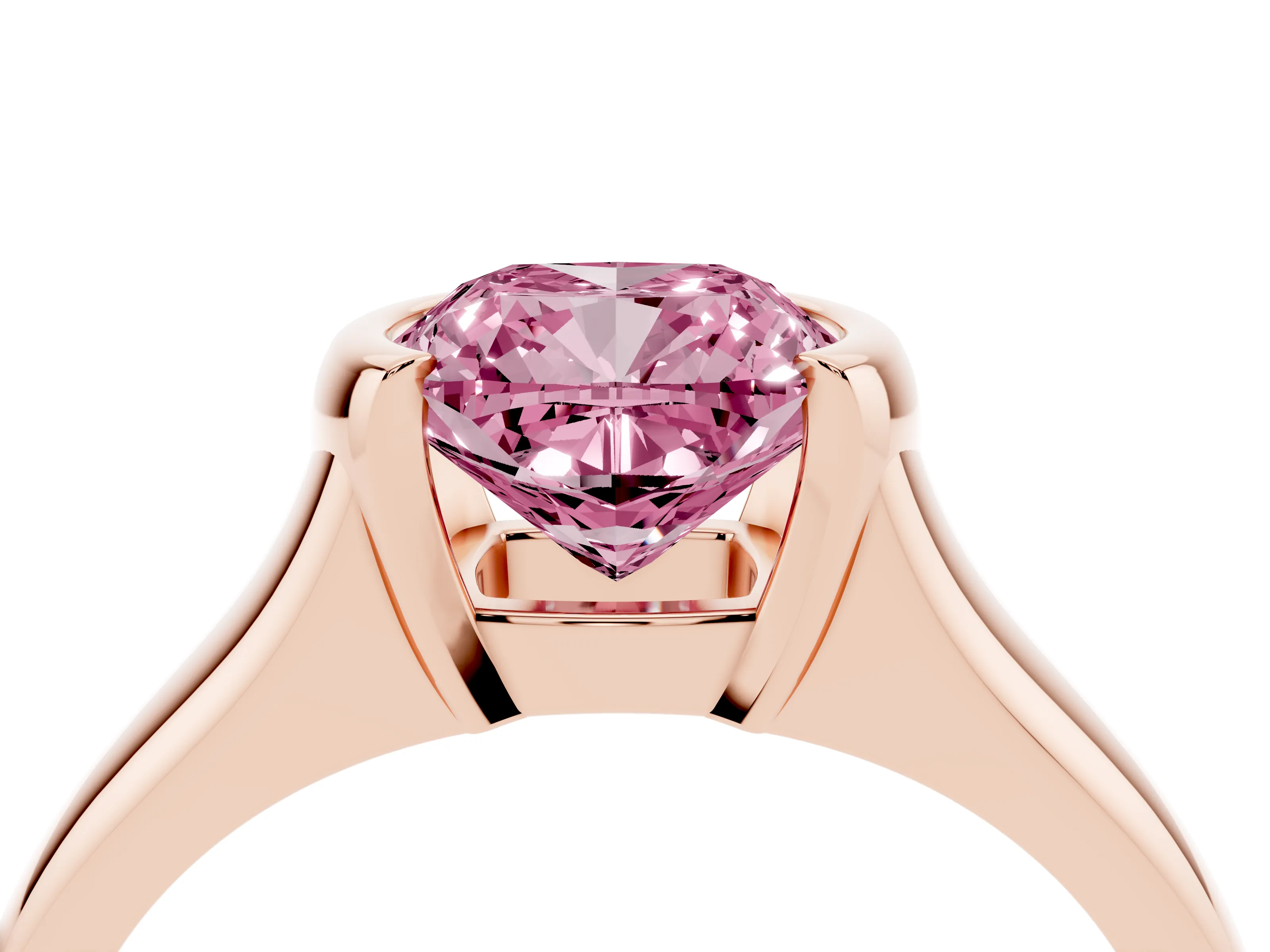 Fancy Pink Cushion Cut Diamond Solitaire Tension Set Ring Set in Rose gold with Split Shank Band