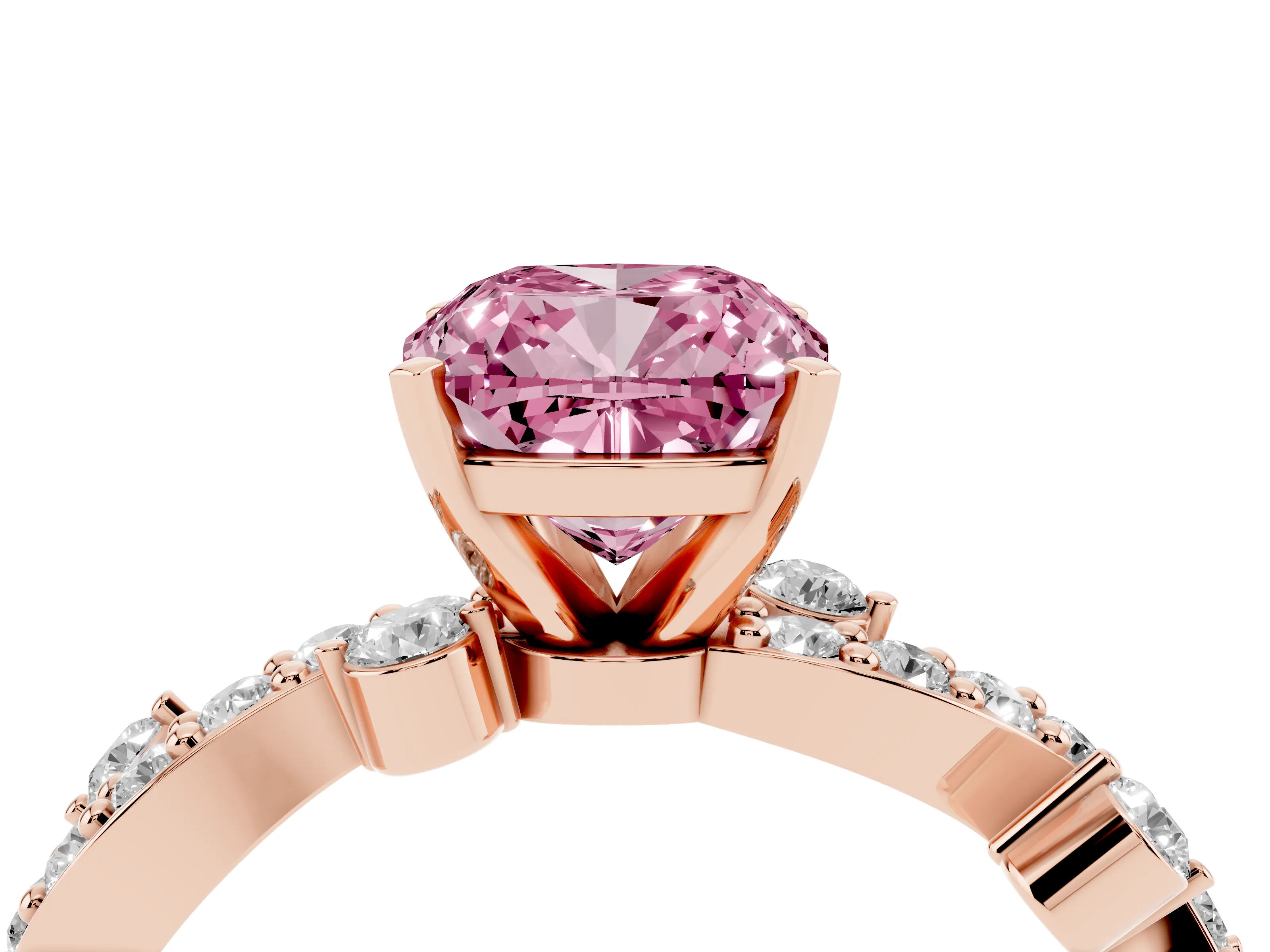 Fancy Pink Cushion Cut Diamond Solitaire Twisted Band Set in Rose gold with Pavé Setting