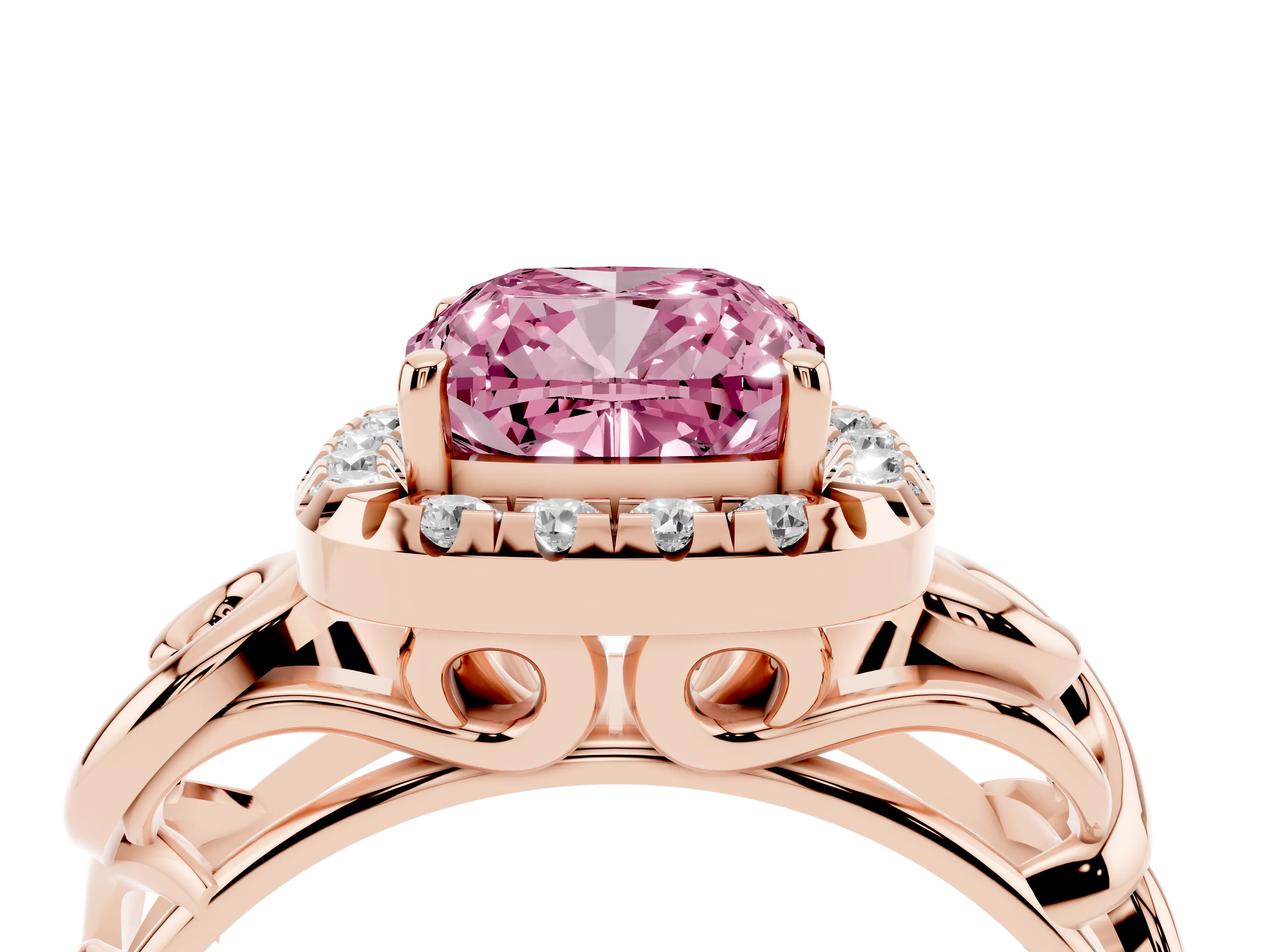 Fancy Pink Cushion Cut Diamond Halo Ring Set in Rose gold with Scrollwork Band and Prong Setting