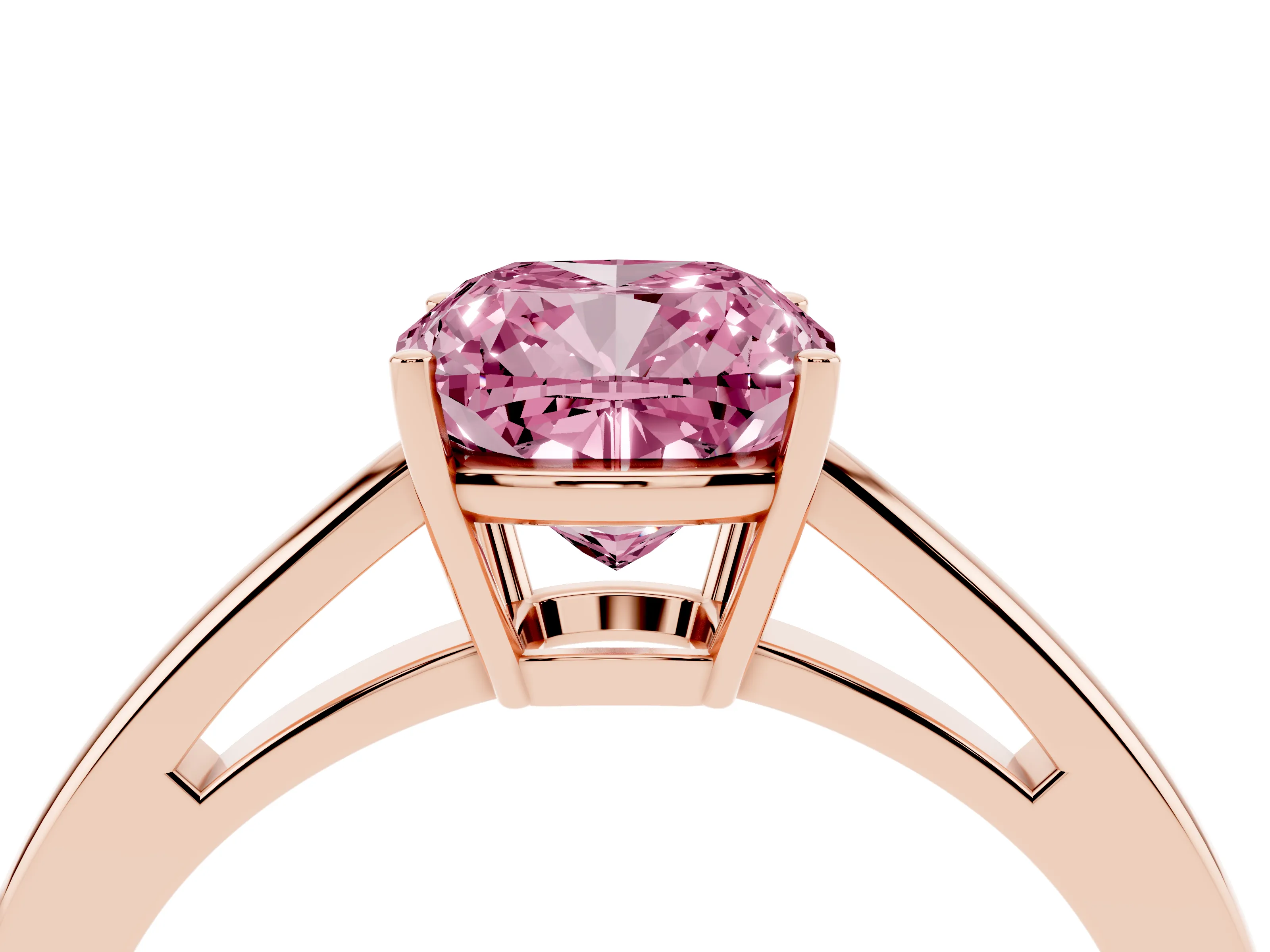 Fancy Pink Cushion Cut Diamond Solitaire Ring Set in Rose gold with Split Shank and Prong Setting