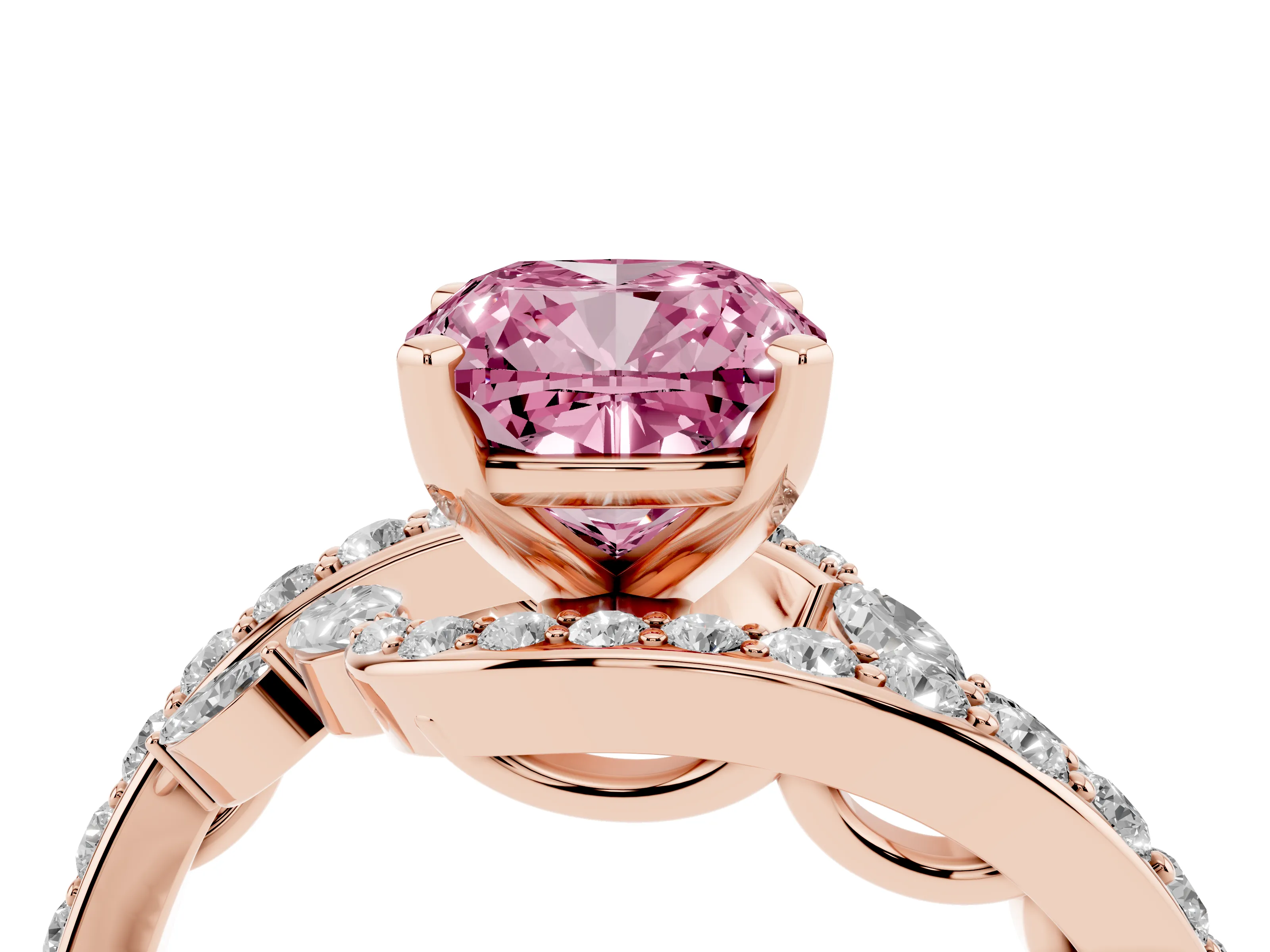 Fancy Pink Cushion Cut Diamond Solitaire Ring Set in Rose gold with Filigree Band and Prong Setting