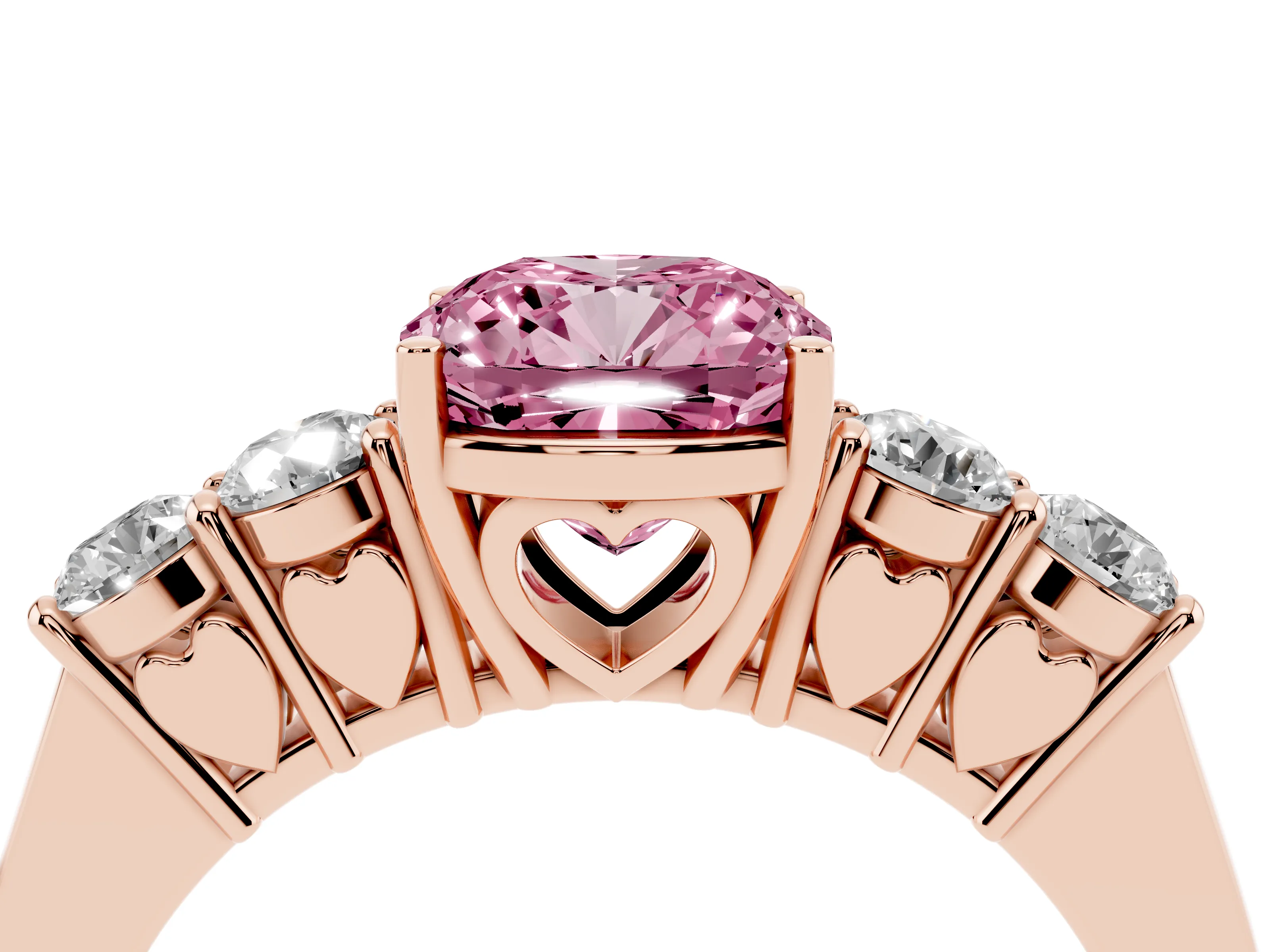 Fancy Pink Cushion Cut Diamond Five-Stone Prong Set Band Ring Set in Rose gold with Polished Band