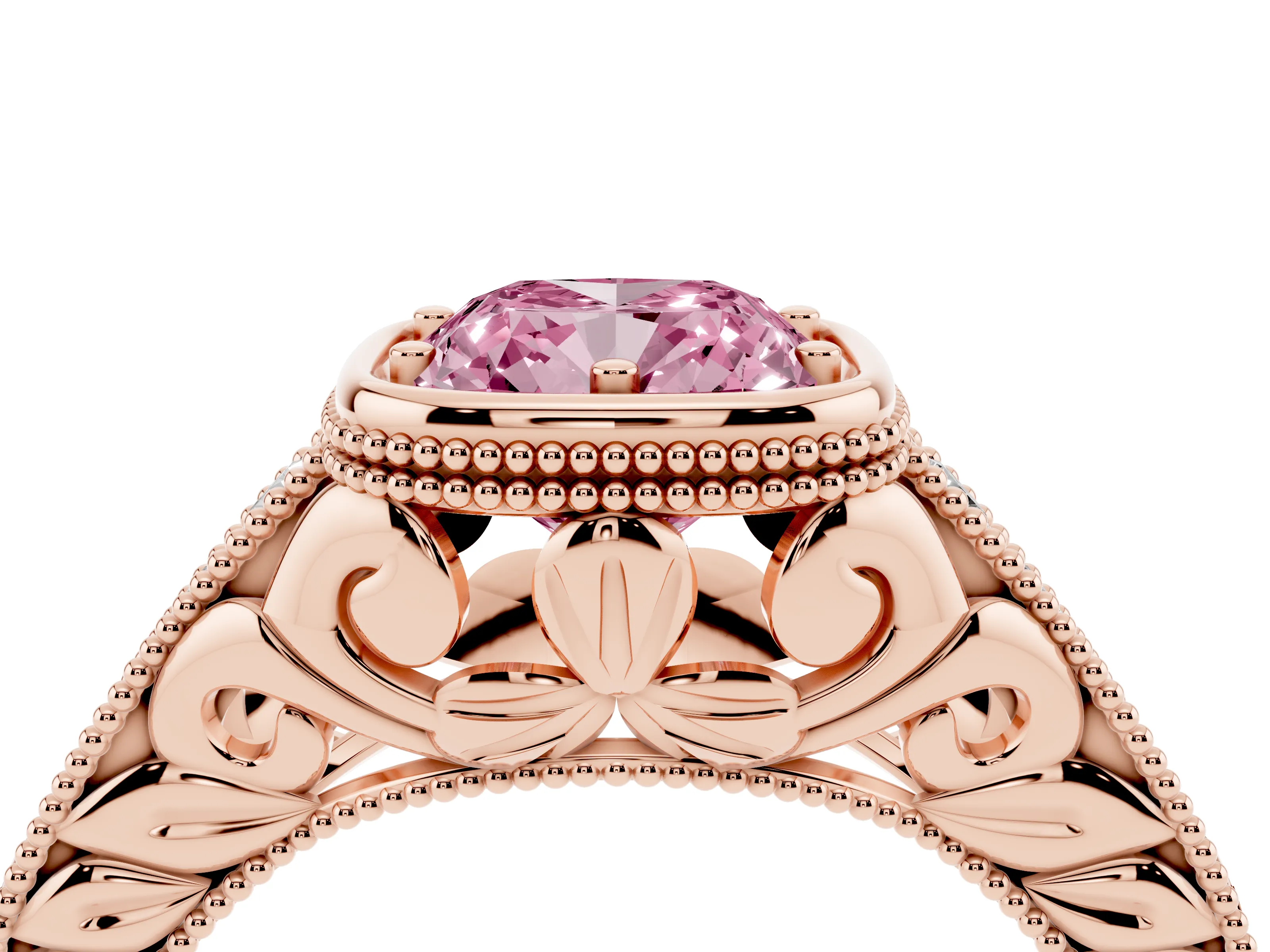 Fancy Pink Bezel Set Cushion Cut Diamond Milgrain Pavé Engagement Ring Set in Rose gold