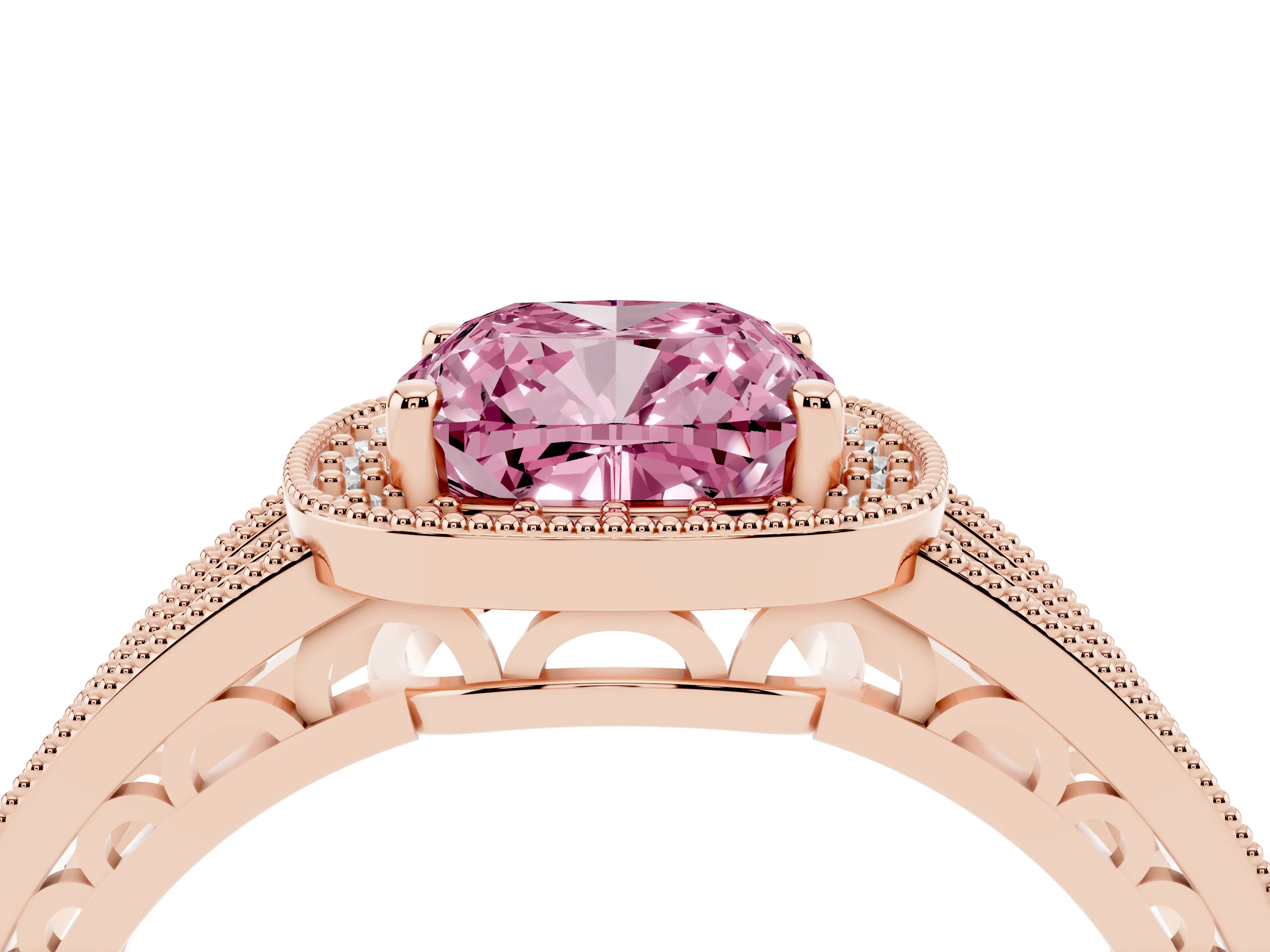 Fancy Pink Cushion Cut Diamond Halo Ring Set in Rose gold with Accent Split Shank and Prong Setting