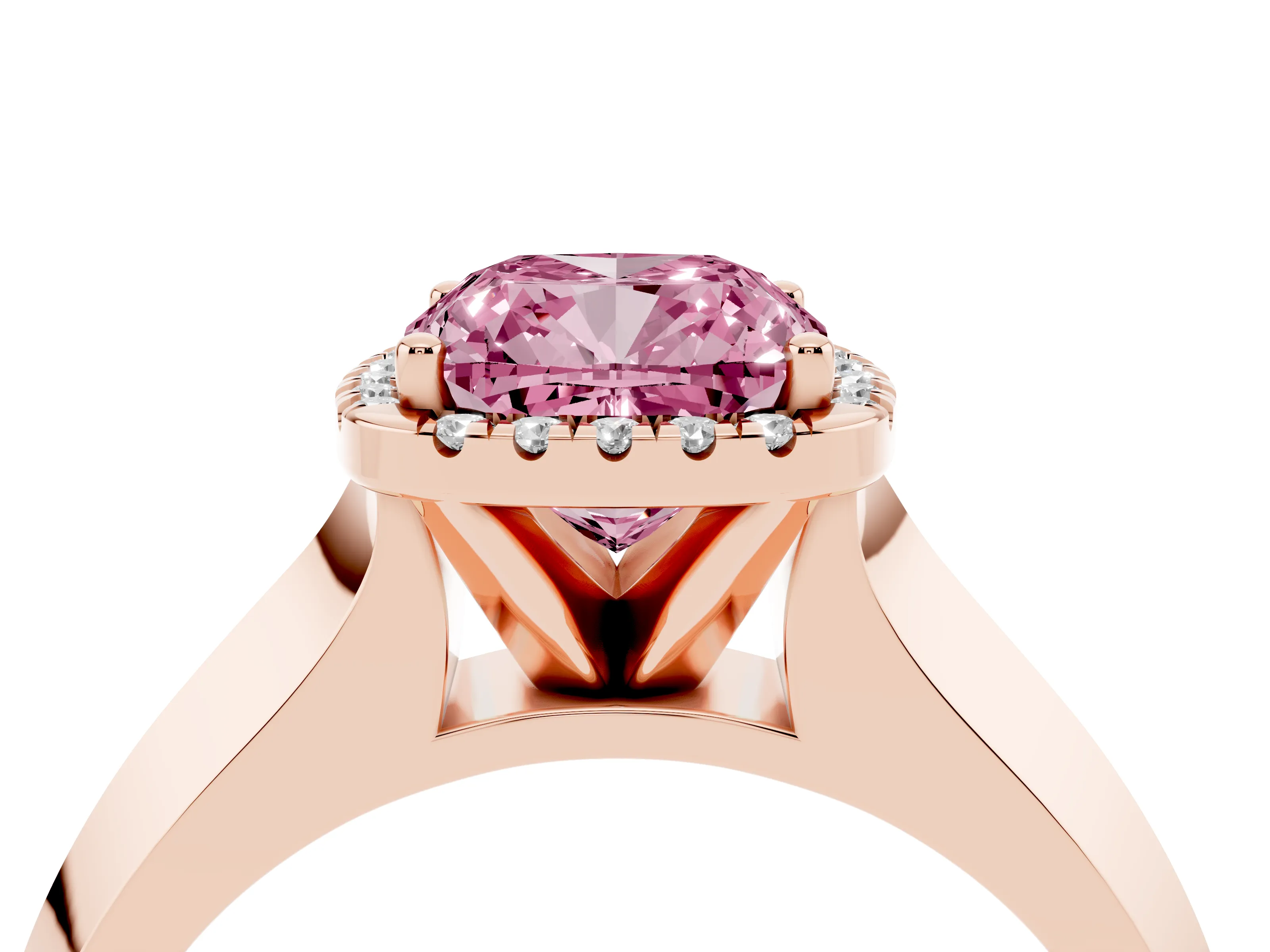 Fancy Pink Cushion Cut Diamond Halo Ring Set in Rose gold with Cathedral Band and Prong Setting