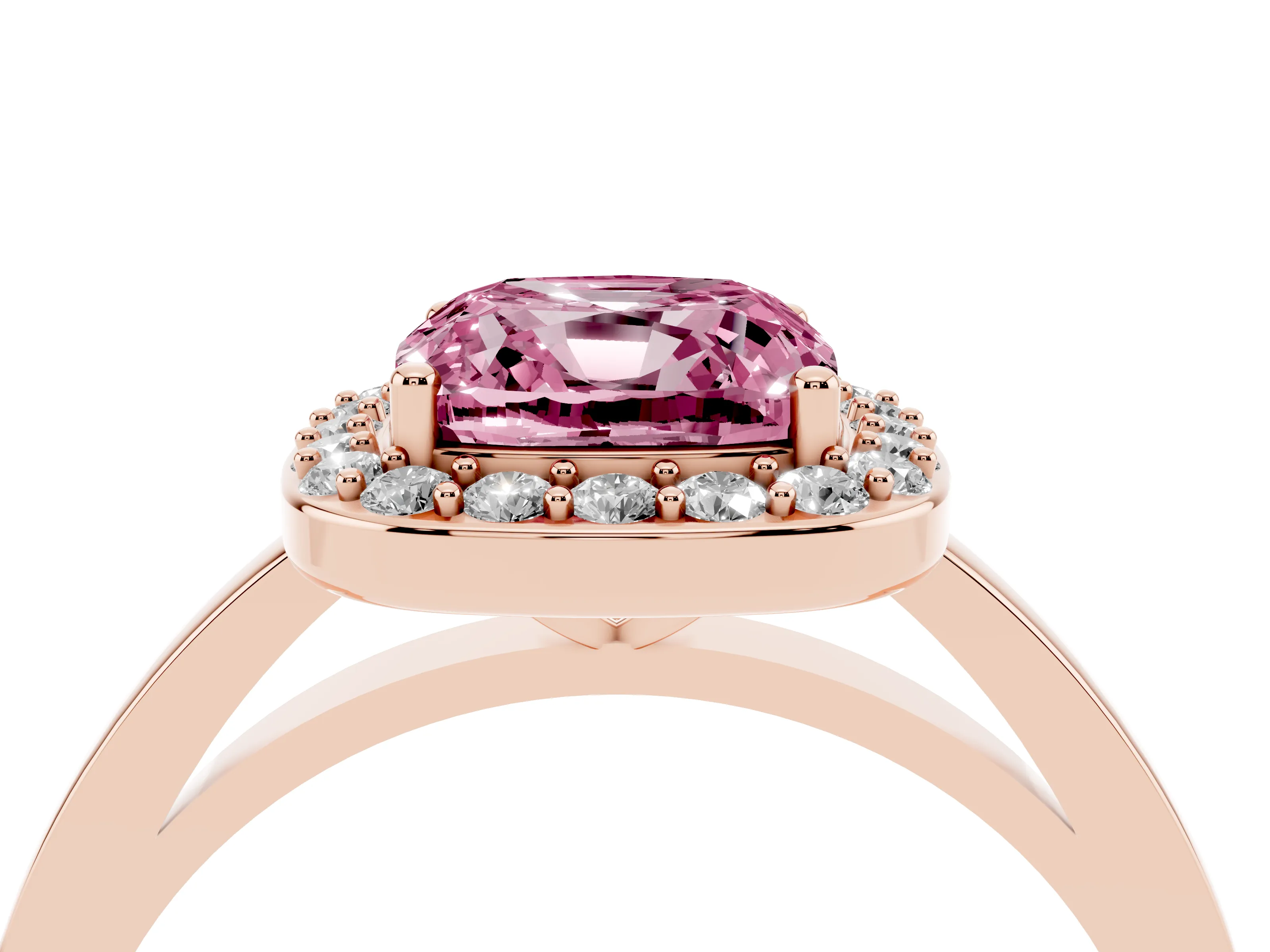 Fancy Pink Cushion Cut Diamond Halo Ring Set in Rose gold with Solitaire Band and Prong Setting