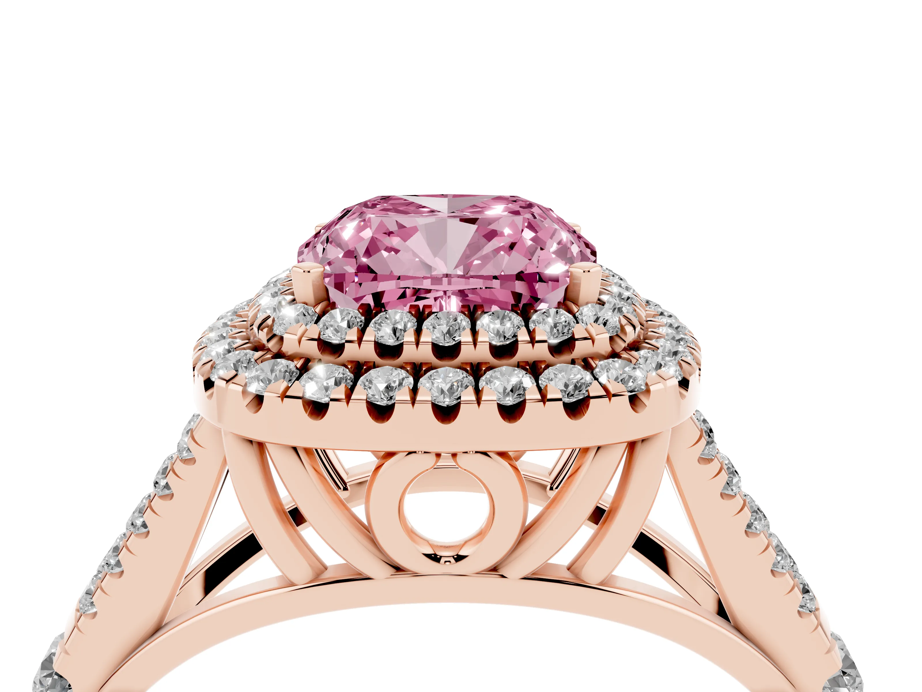 Fancy Pink Cushion Cut Diamond Pavé Split Shank Double Halo Engagement Ring Set in Rose gold
