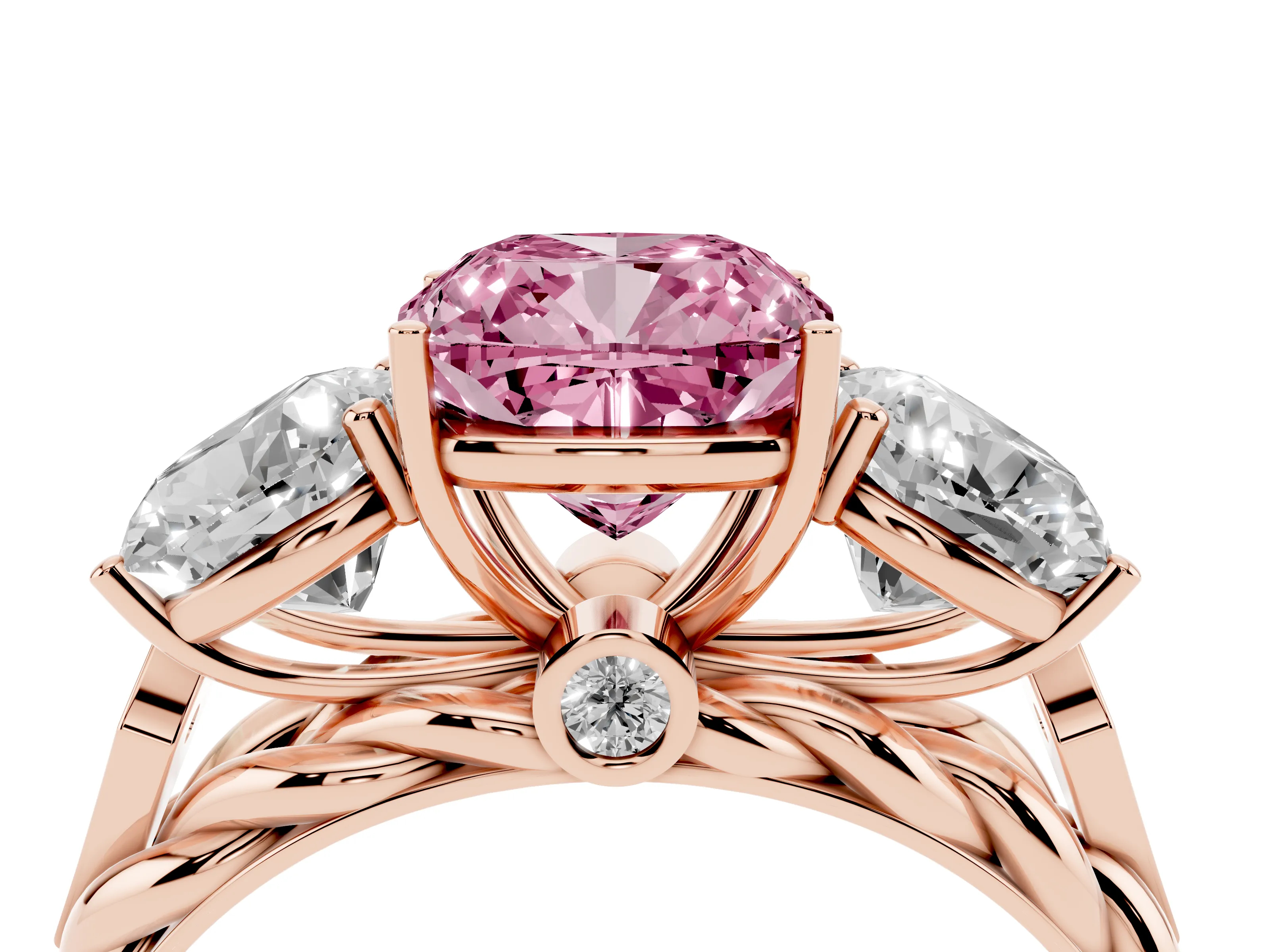 Fancy Pink Cushion Cut Diamond Three-Stone Ring Set in Rose gold with Braided Band