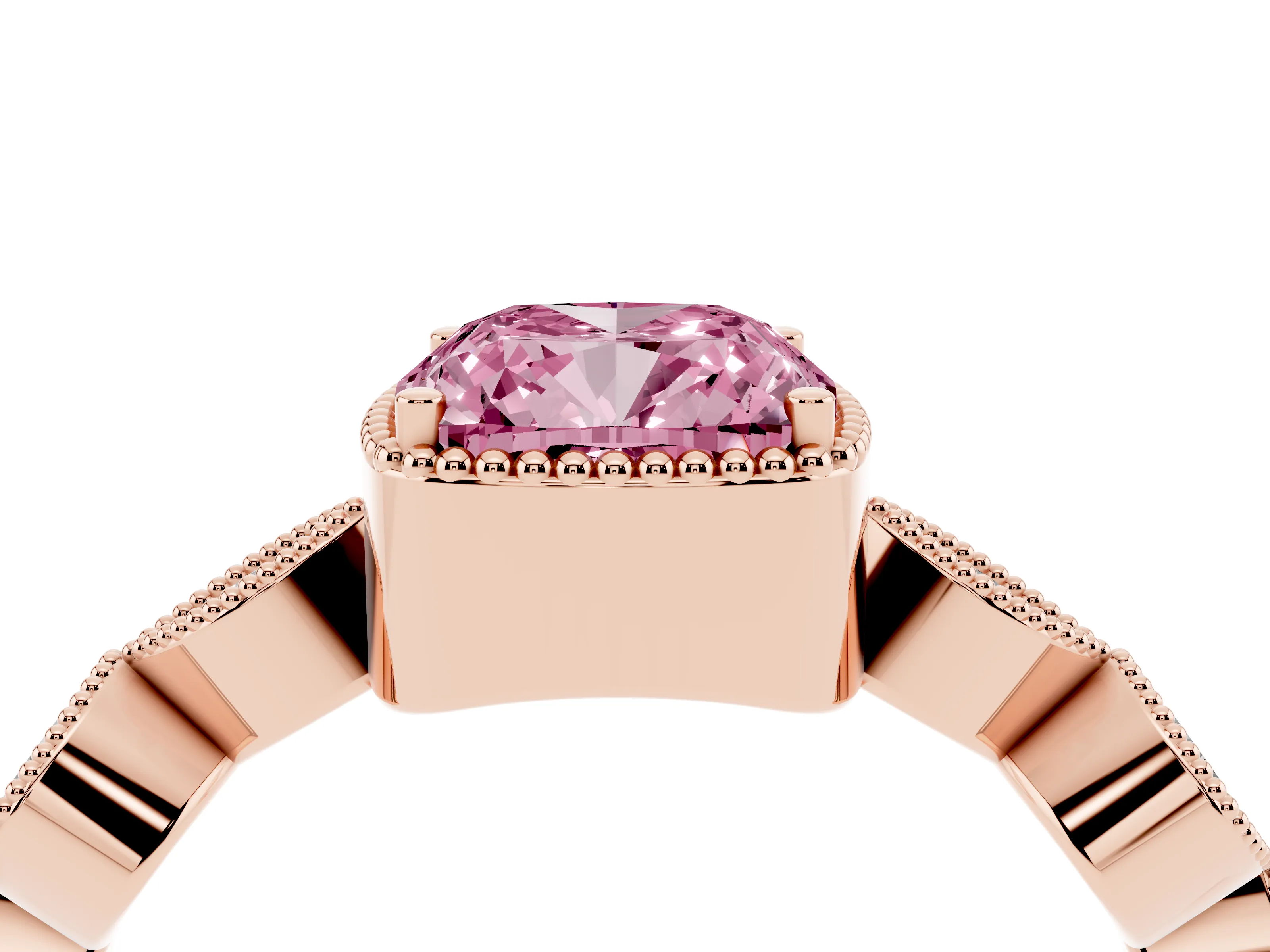 Fancy Pink Cushion Cut Diamond Vintage-Inspired Milgrain Ring Set in Rose gold with Marquise Stations of Round Accents