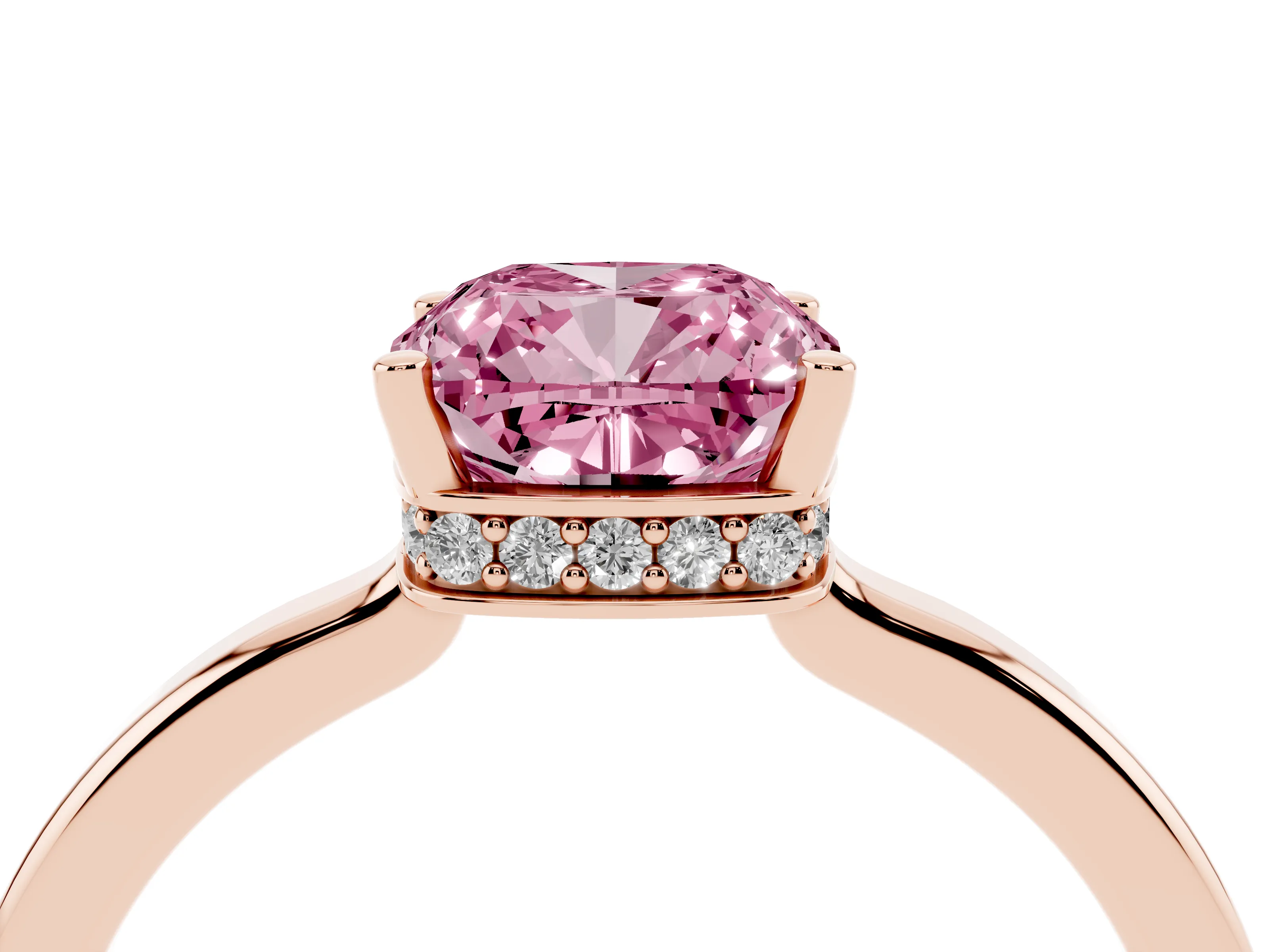 Fancy Pink Cushion Cut Diamond Solitaire Engagement Ring Set in Rose gold with Prong Setting on a Plain Band