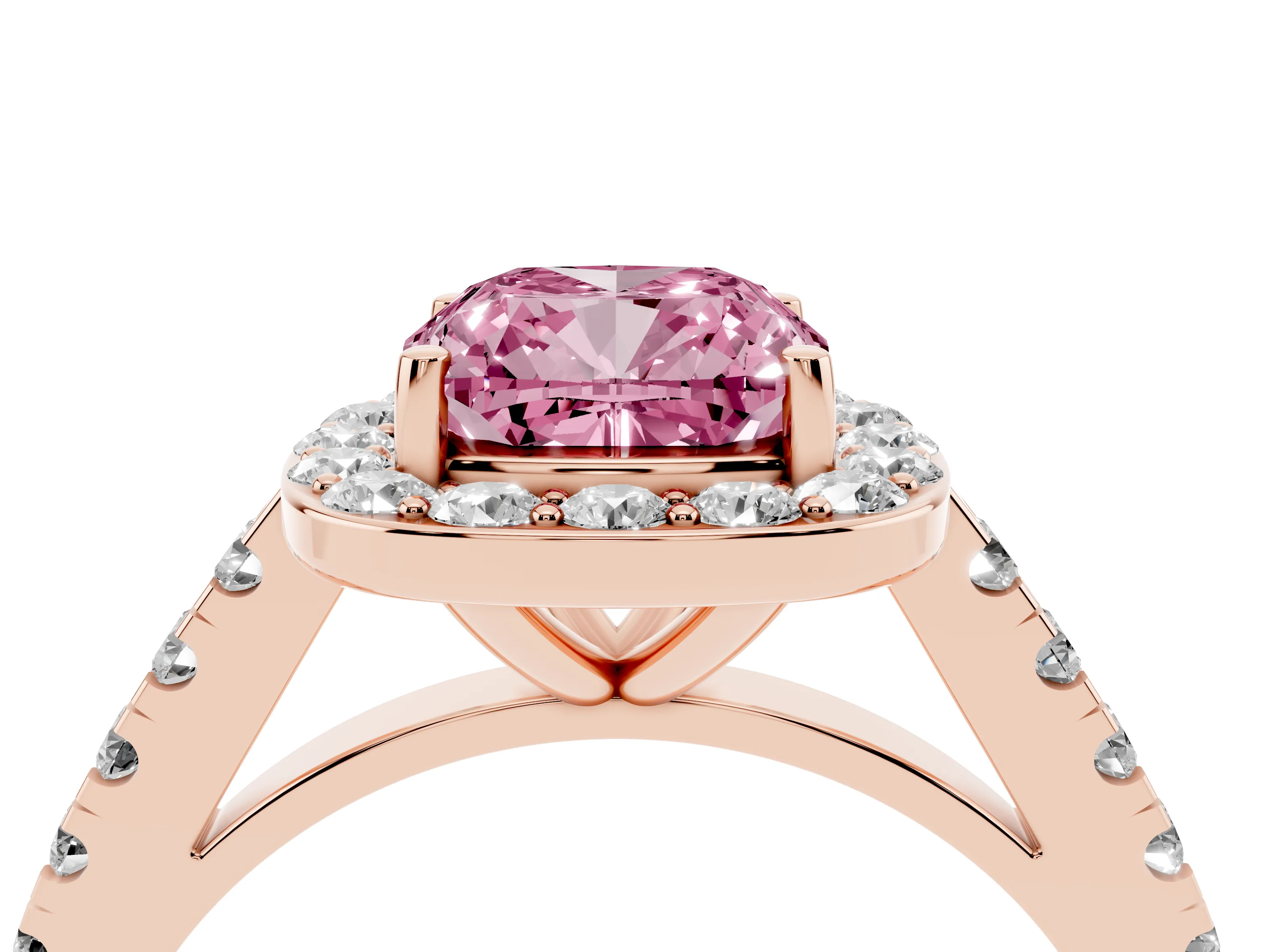 Fancy Pink Cushion Cut Diamond Halo Ring Set in Rose gold with Round Pavé Split Shank and Prong Setting