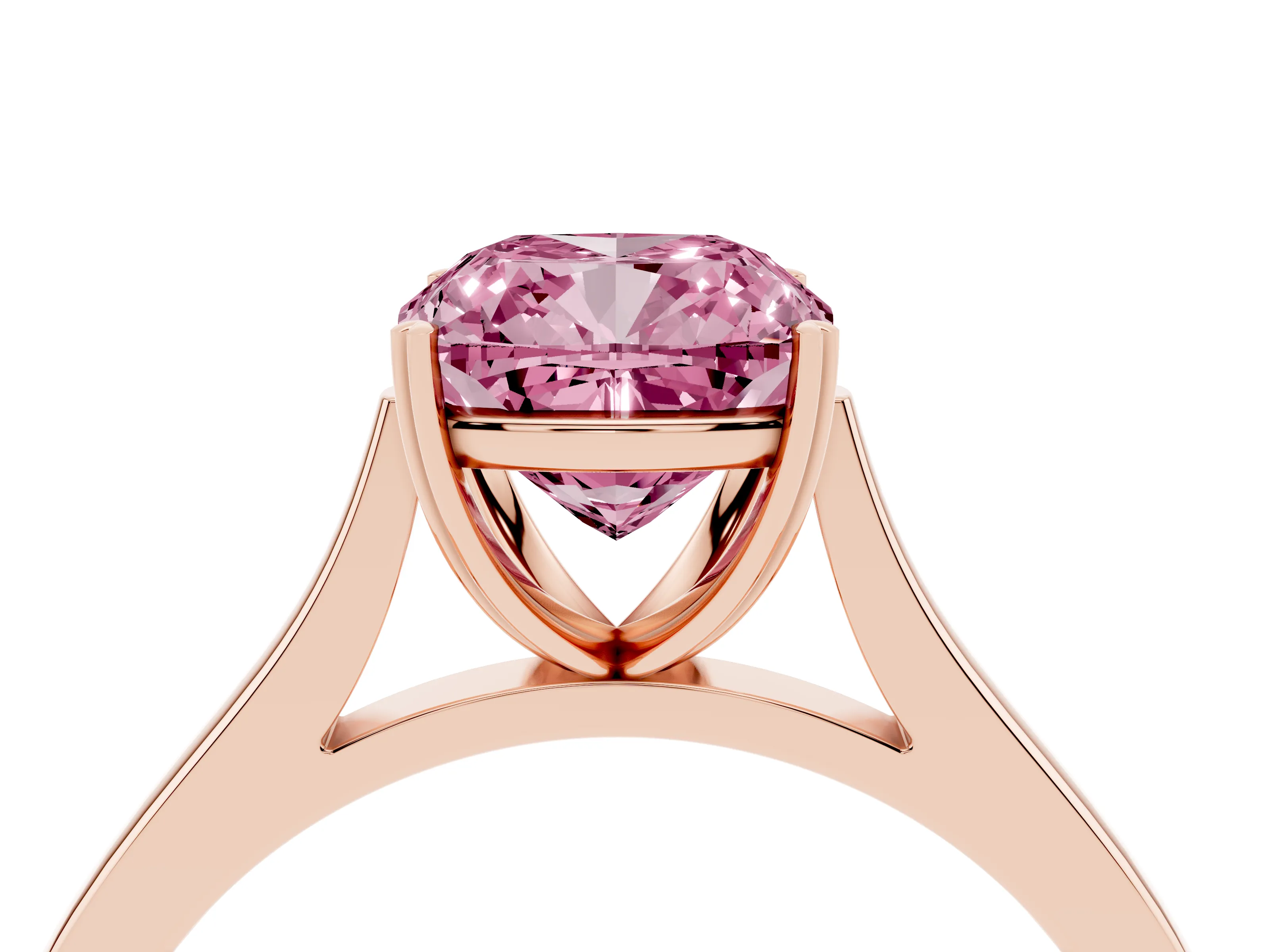 Fancy Pink Cushion Cut Diamond Solitaire Heart Prong Engagement Ring Set in Rose gold with Tapered Band