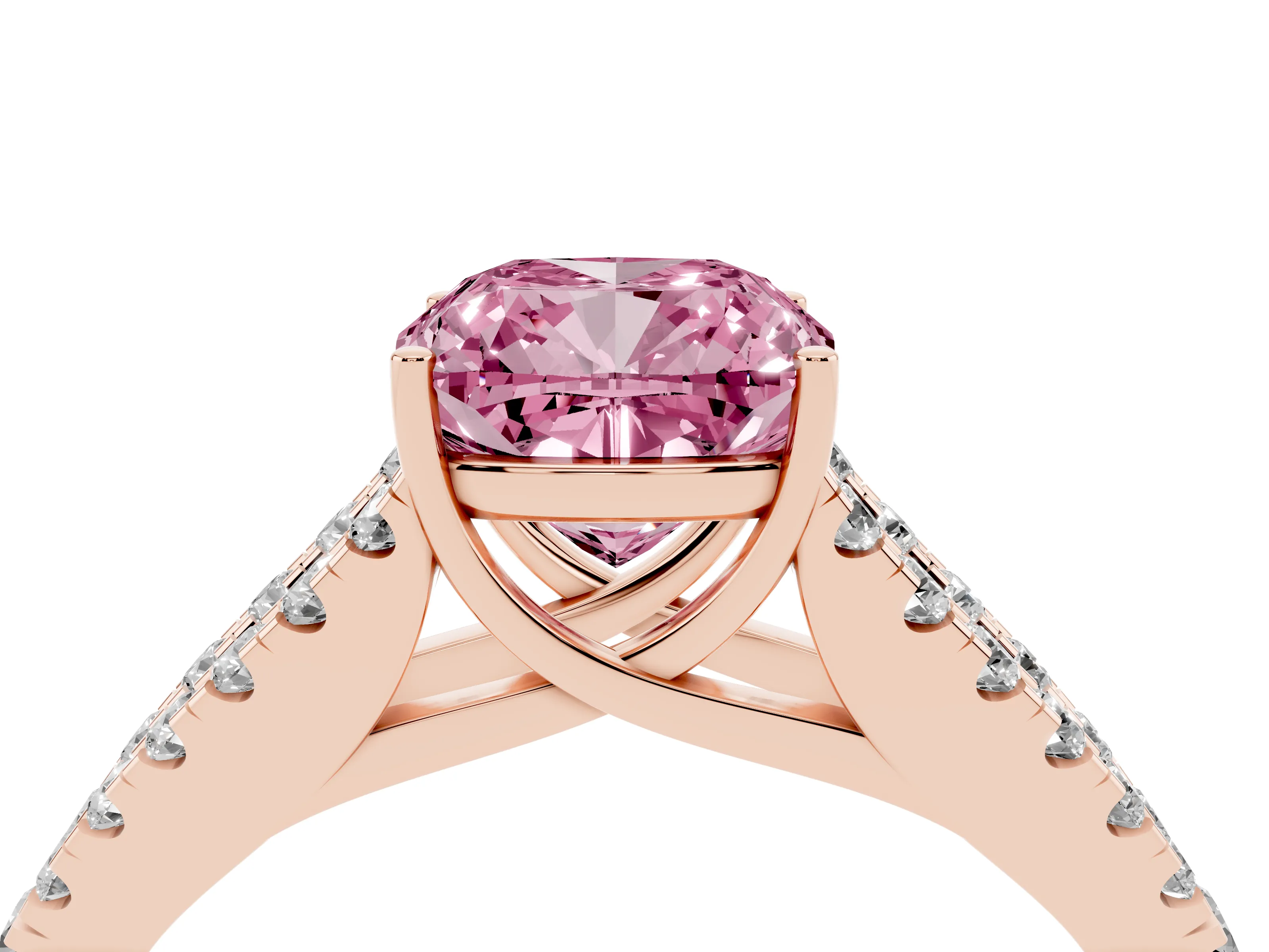 Fancy Pink Cushion Cut Diamond Split Shank Pavé Engagement Ring Set in Rose gold with Prong-Held Center Stone