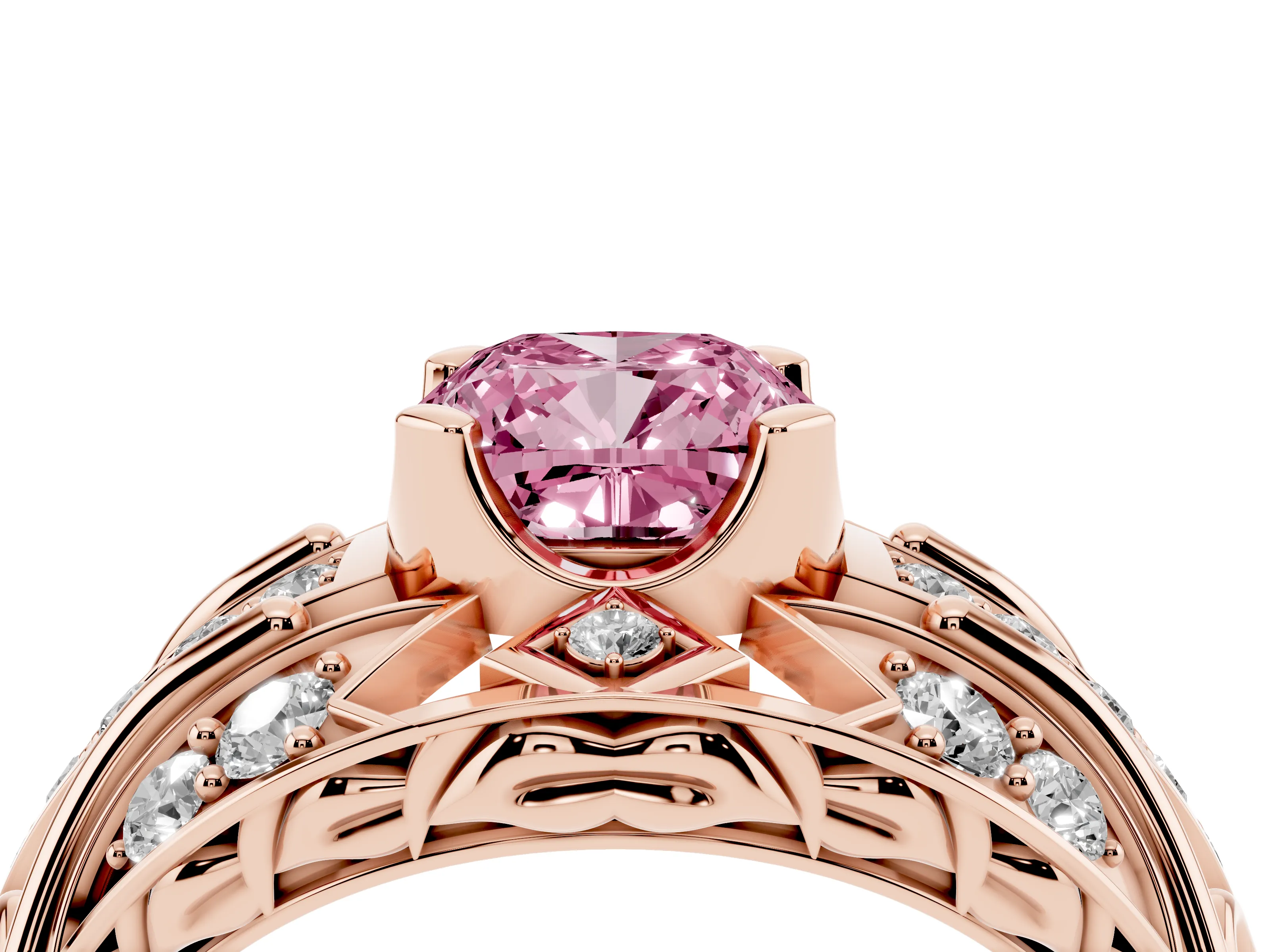 Fancy Pink Cushion Cut Diamond Art Deco Ring Set in Rose gold with Pavé Split Shank