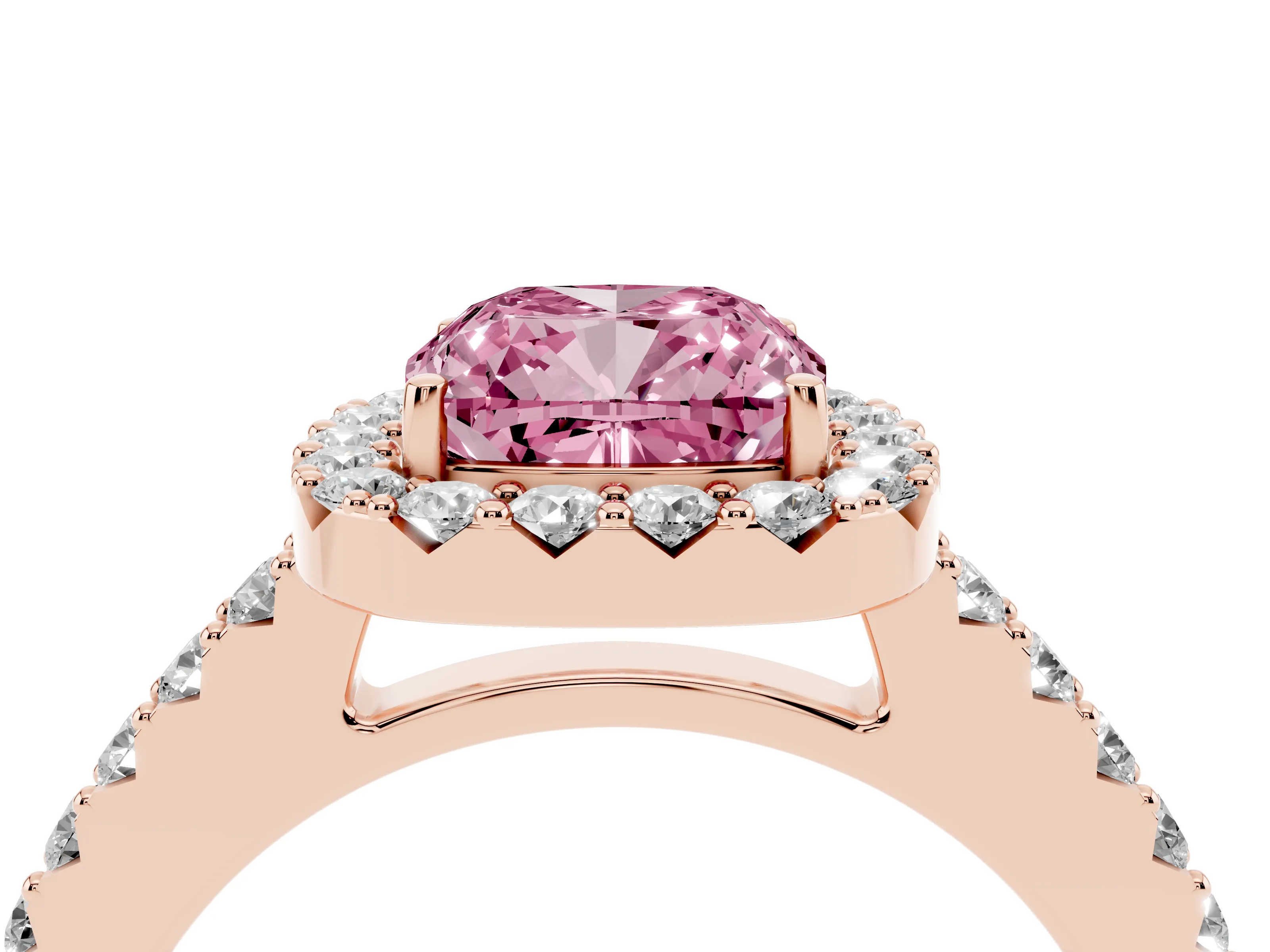 Fancy Pink Cushion Cut Diamond Halo Pavé Solitaire Ring Set in Rose gold with Prong-Set Center Stone