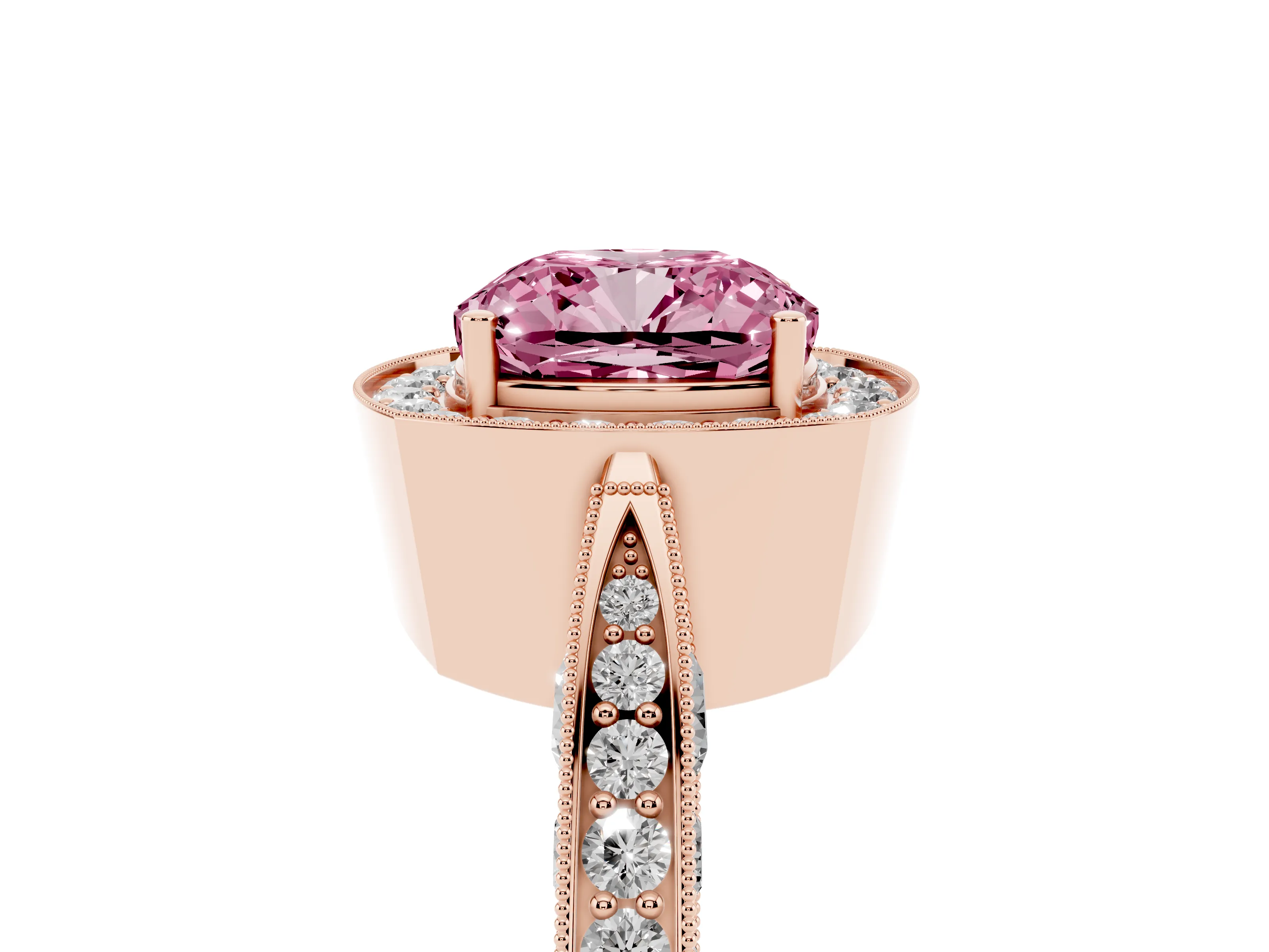 Fancy Pink Cushion Cut Diamond Halo Engagement Ring Set in Rose gold with Accent Split Shank Band