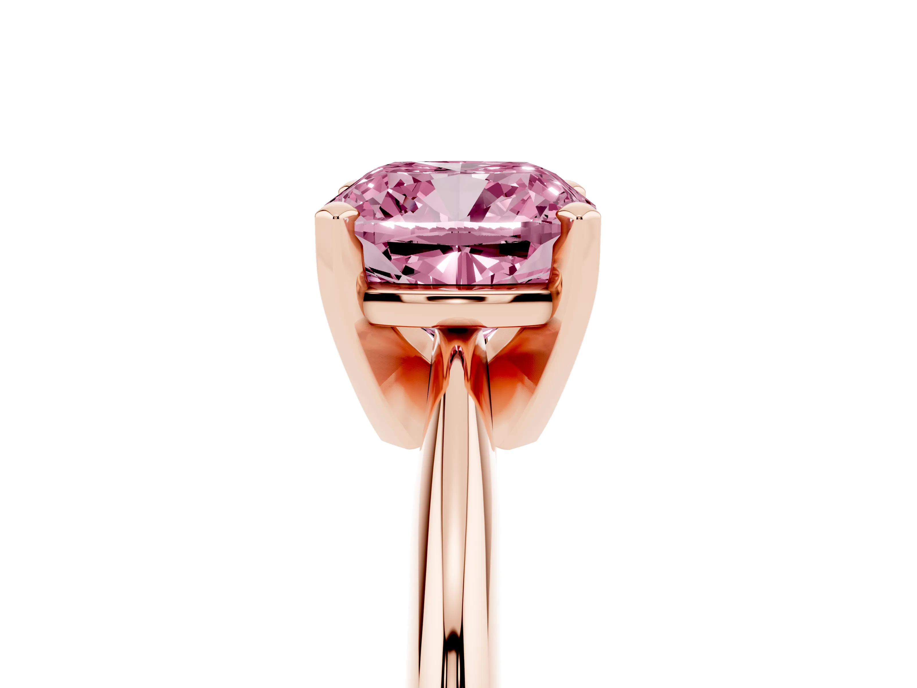 Fancy Pink Cushion Cut Diamond Solitaire Ring Set in Rose gold with Prong Setting on a Plain Round Band