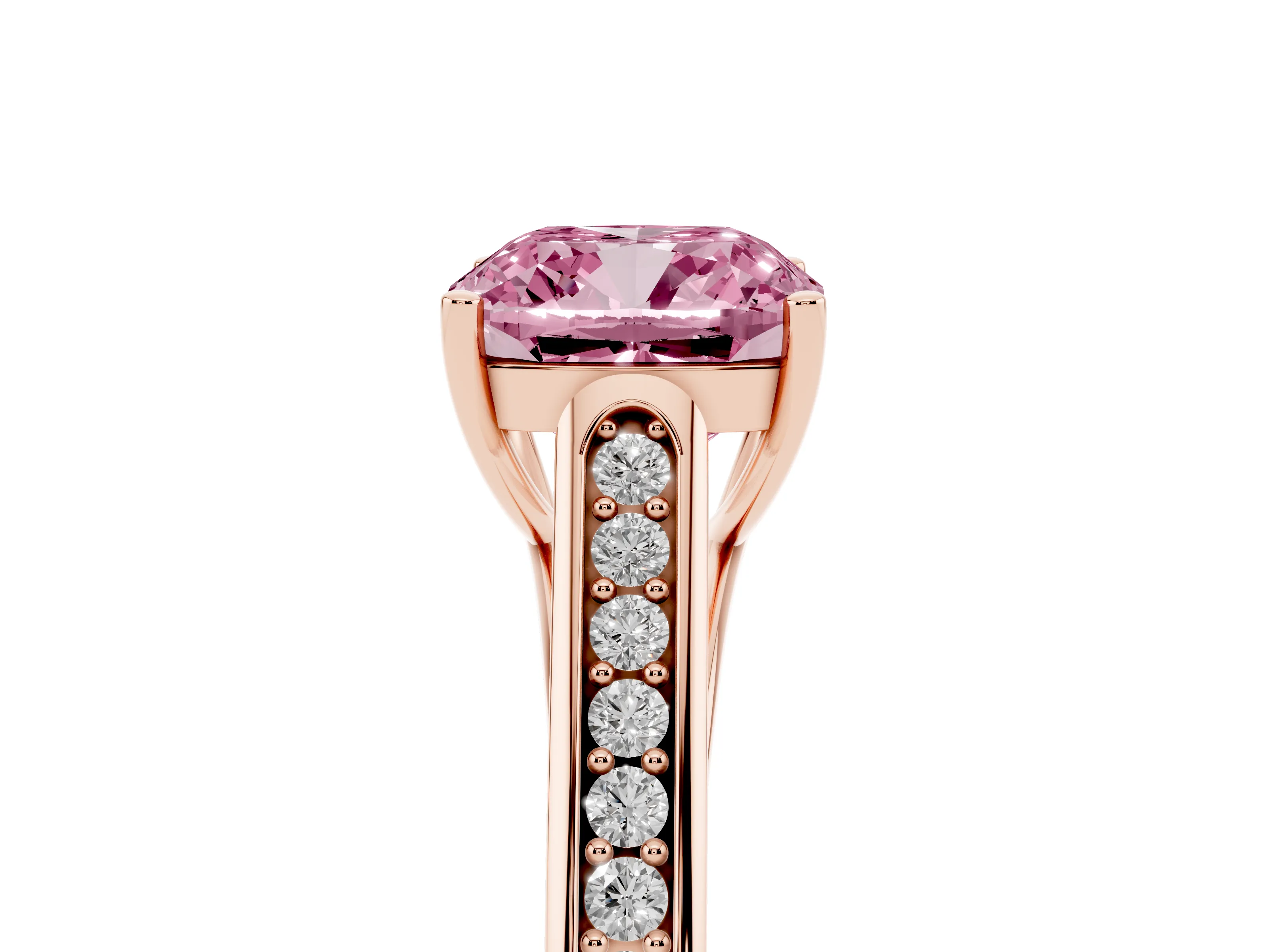 Fancy Pink Cushion Cut Diamond Solitaire Cathedral Engagement Ring Set in Rose gold with Channel-Set Band and Prong Setting