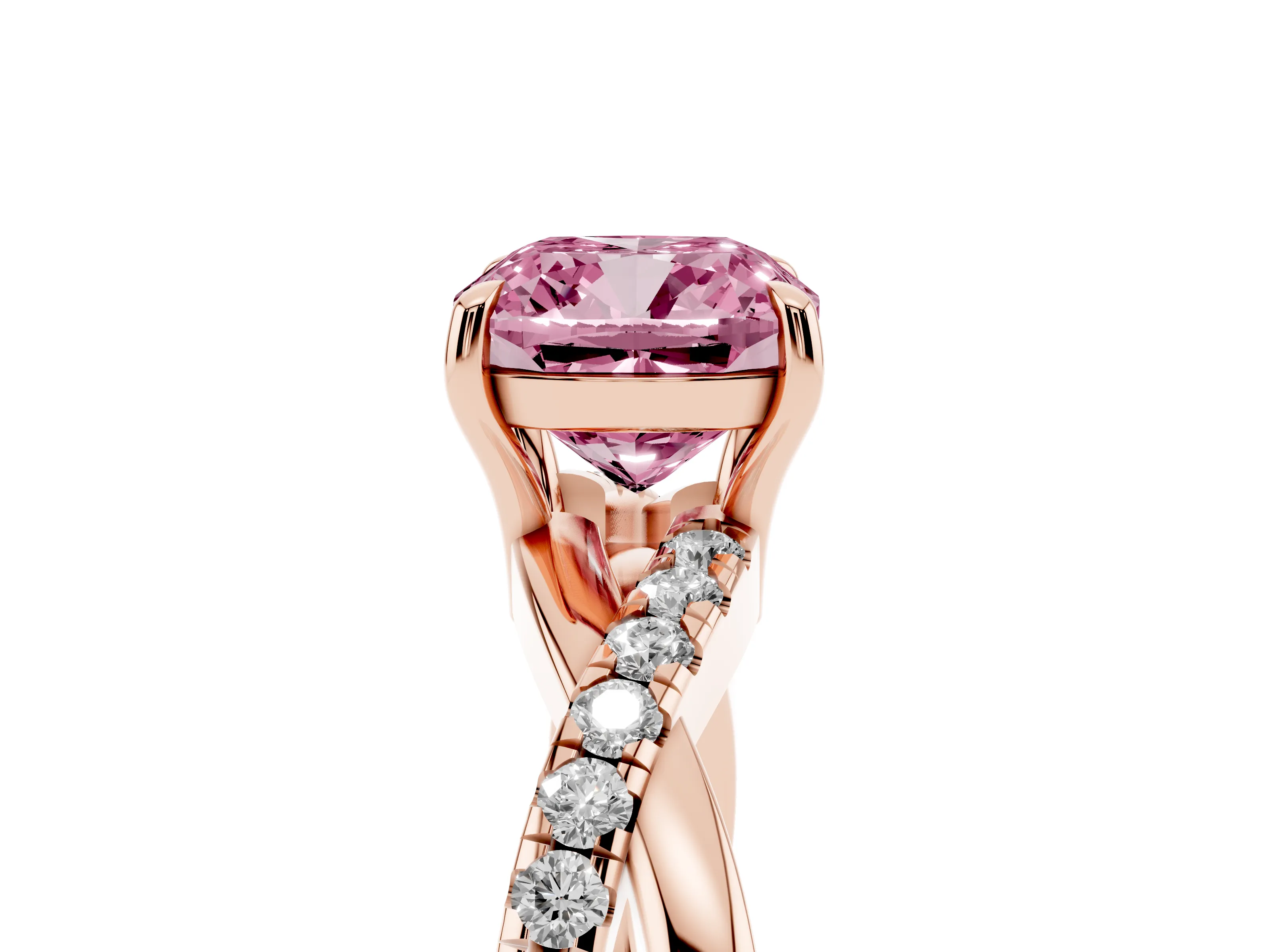 Fancy Pink Cushion Cut Diamond Twisted Pavé Band Ring Set in Rose gold with Prong Setting