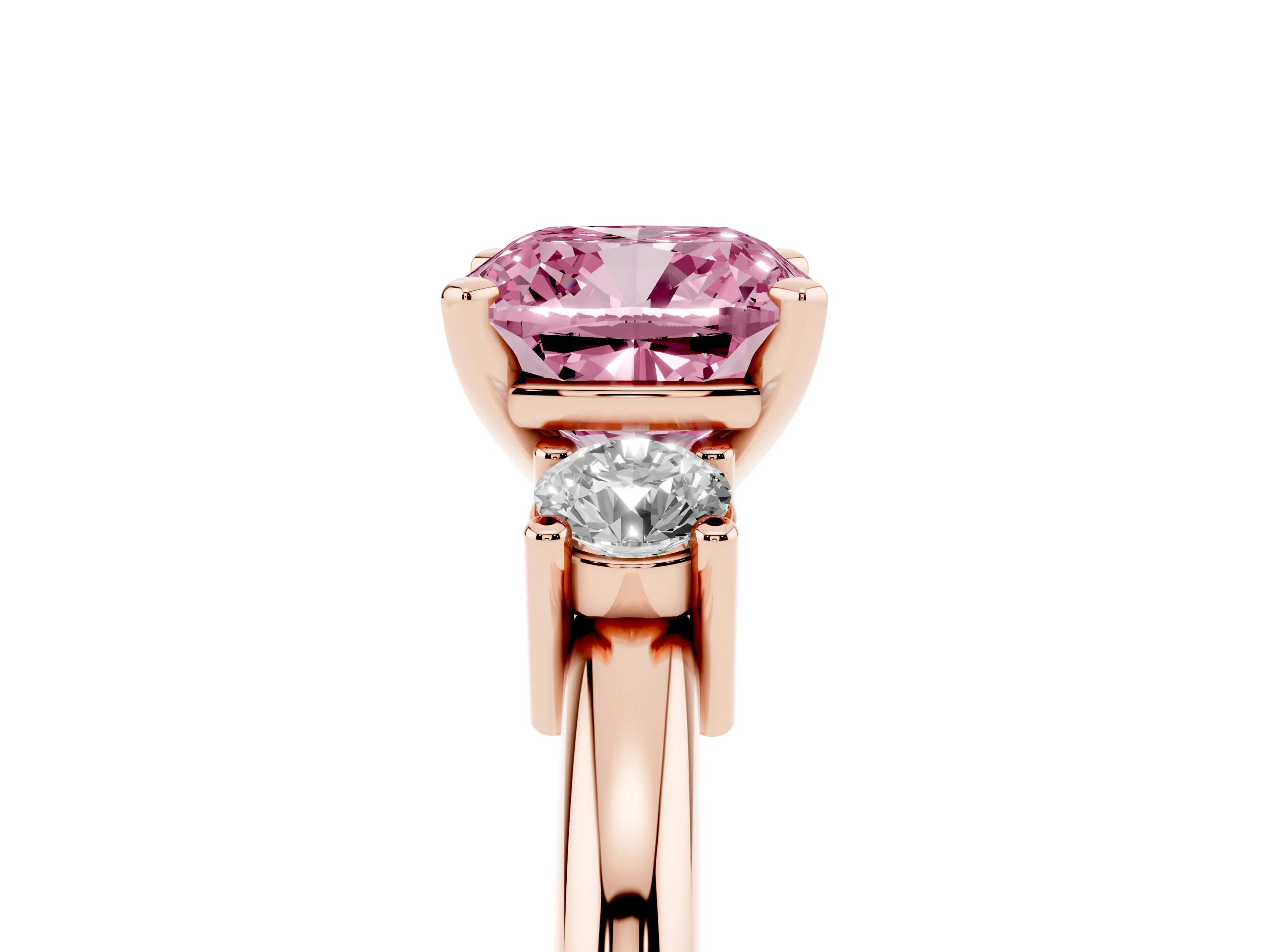 Fancy Pink Three-Stone Cushion Cut Diamond Ring Set in Rose gold with Prong Setting and Plain Band