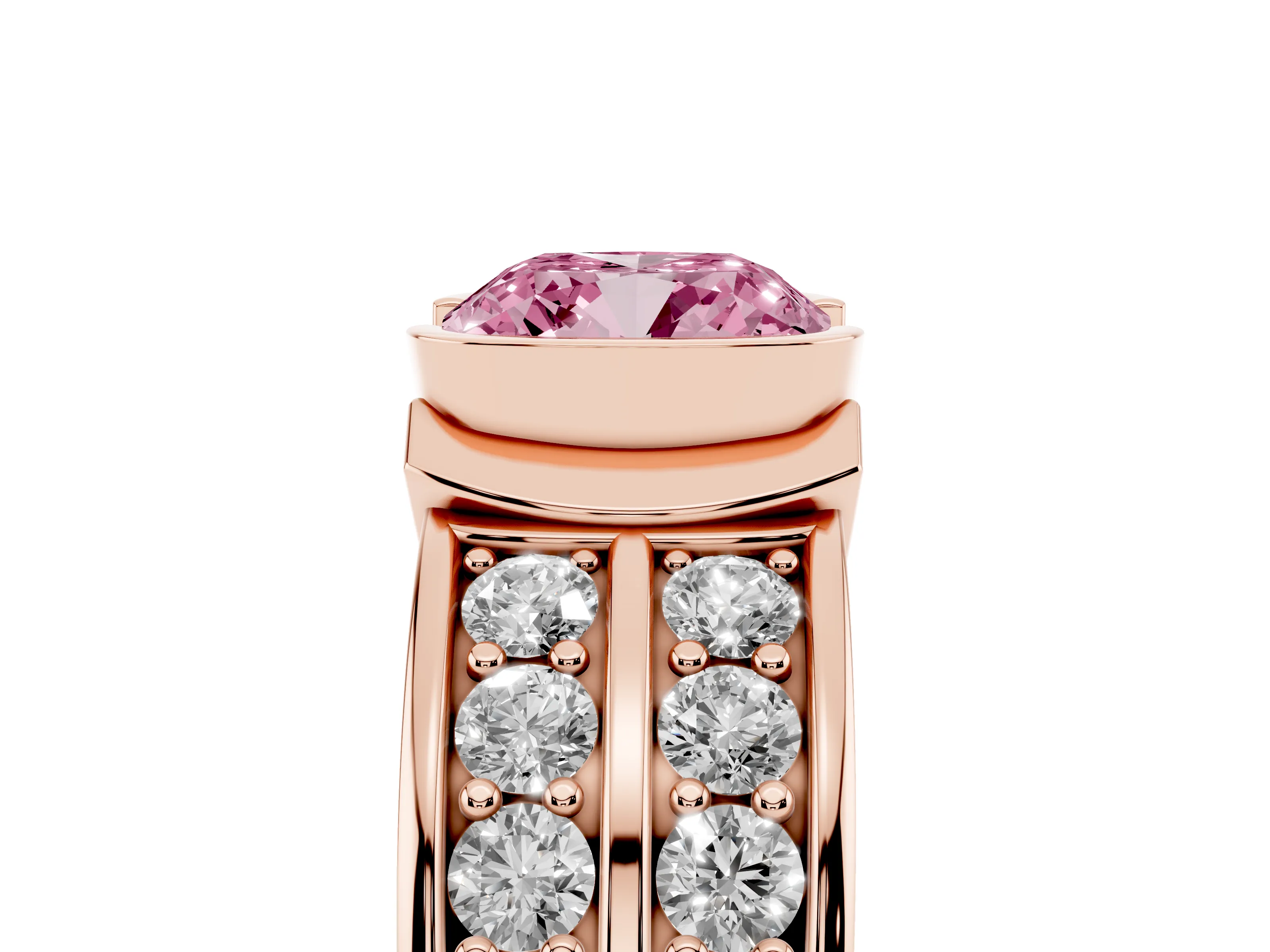 Fancy Pink Cushion Cut Diamond Wide Channel Set Band Ring Set in Rose gold with Bezel Setting