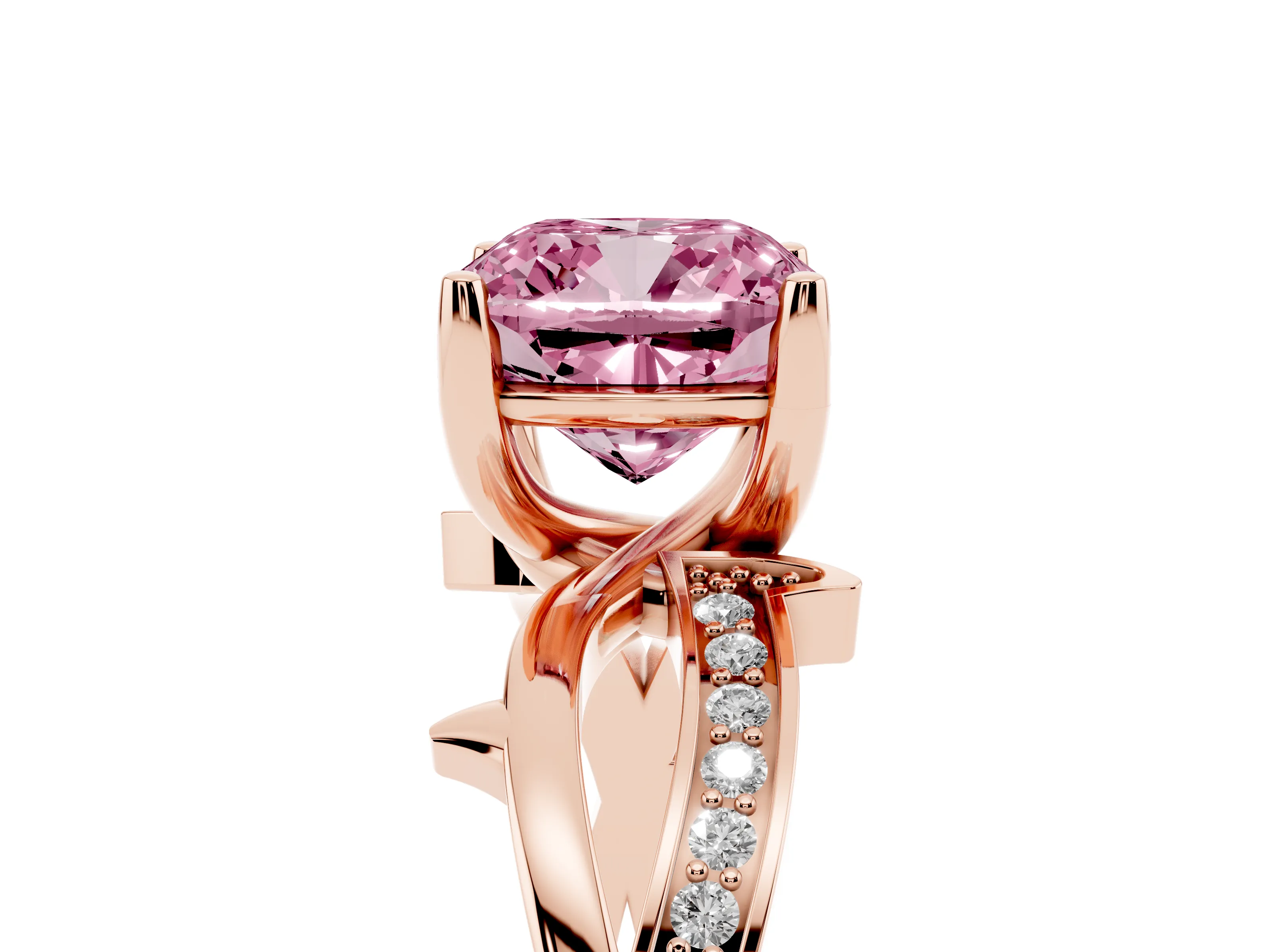 Fancy Pink Cushion Cut Diamond Pavé Twist Band Solitaire Ring Set in Rose gold with Prong Setting