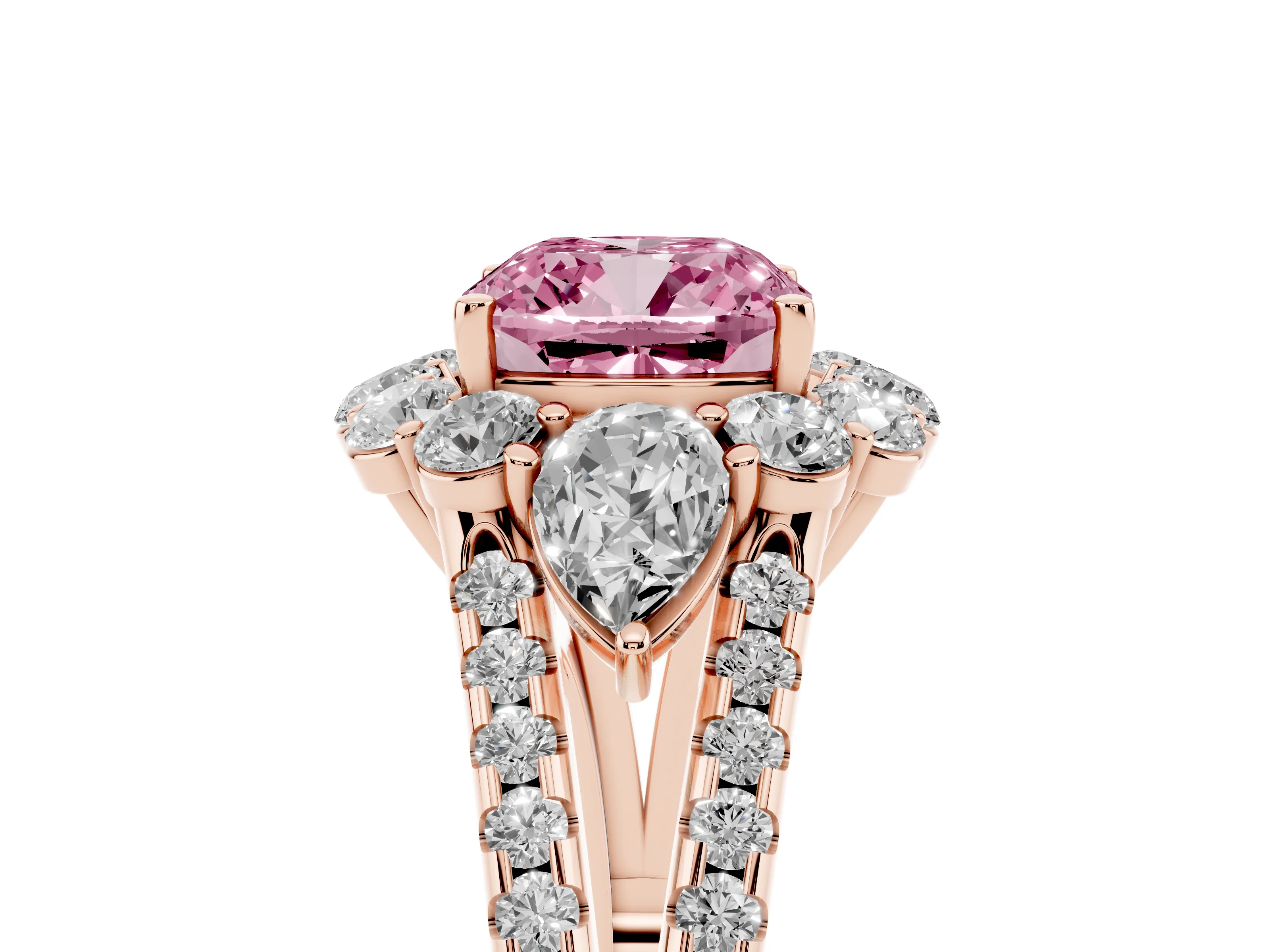 Fancy Pink Cushion Cut Diamond Halo Split Shank Engagement Ring Set in Rose gold with Prong-Held Center Stone