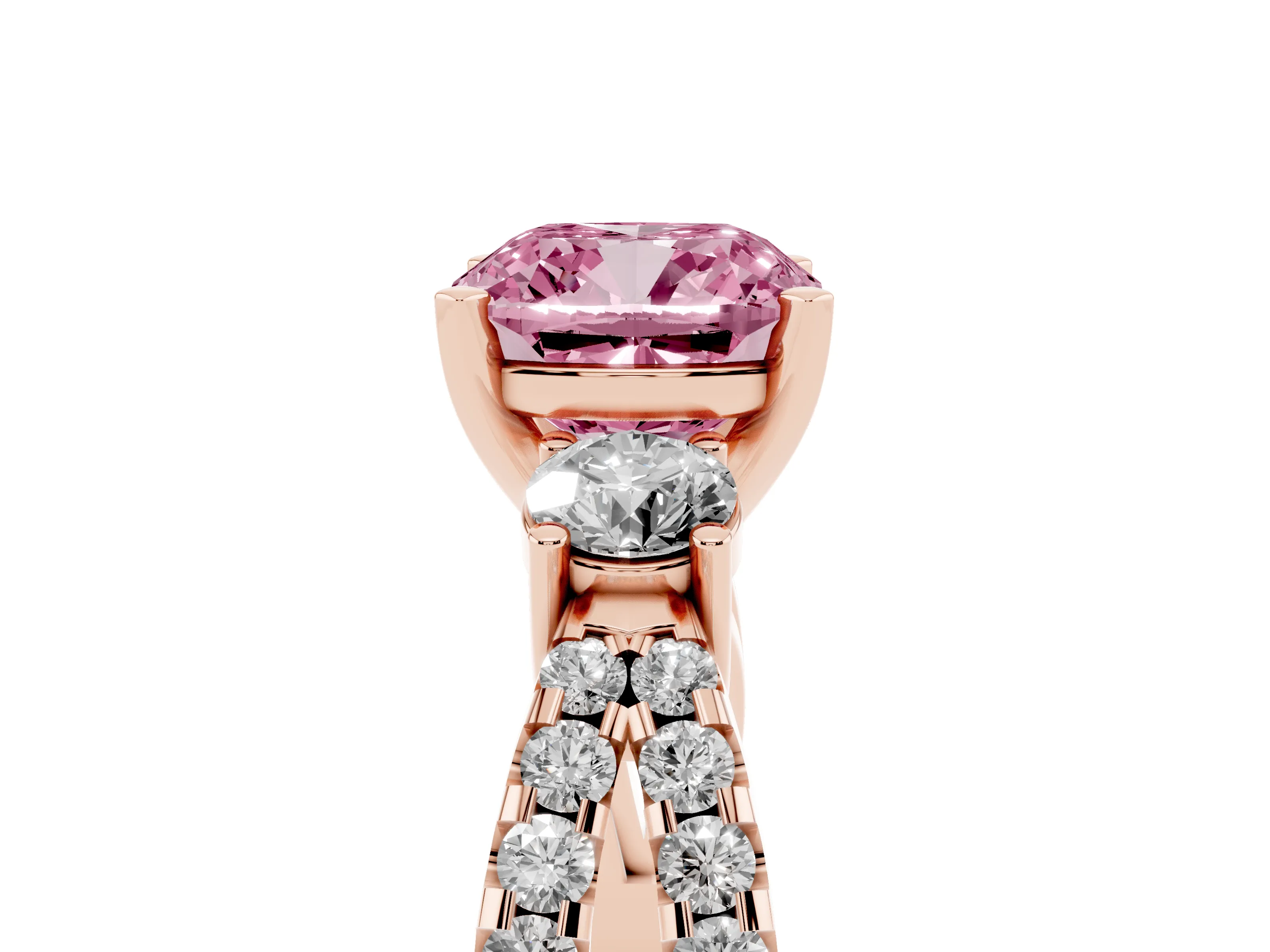 Fancy Pink Cushion Cut Diamond Three-Stone Ring Set in Rose gold with Pavé Split Shank and Prong Setting