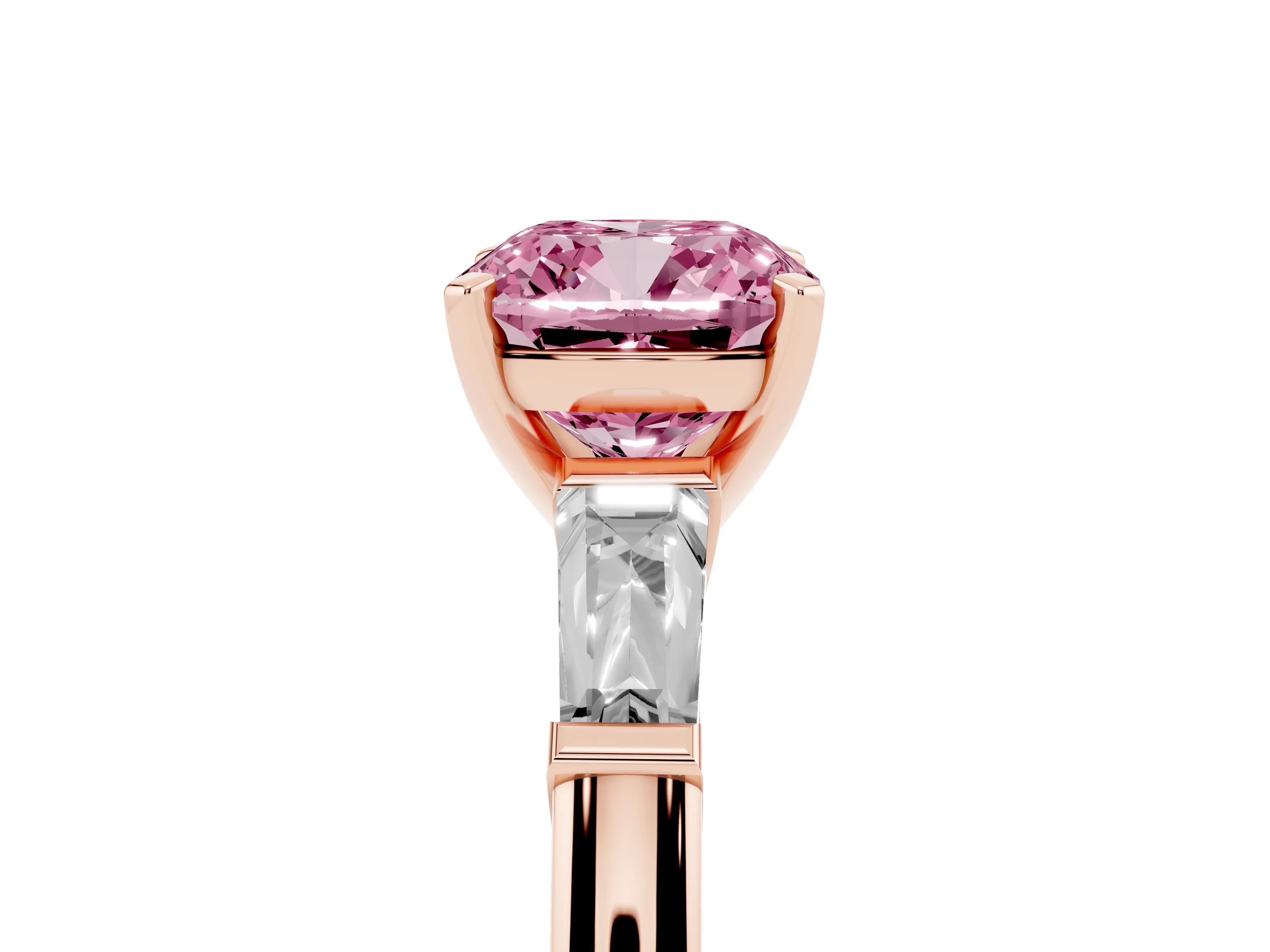Fancy Pink Cushion Cut Diamond Solitaire Ring Set in Rose gold with Tapered Baguette Side Stones and Prong Setting