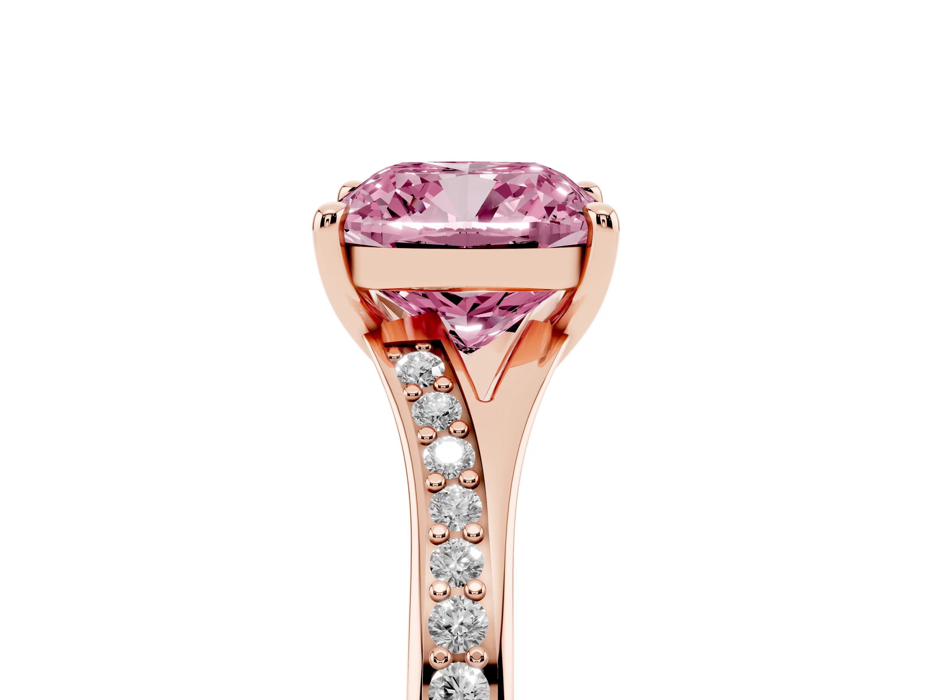 Fancy Pink Cushion Cut Diamond Solitaire Ring Set in Rose gold with Pavé Accent Band and Classic Prong Setting
