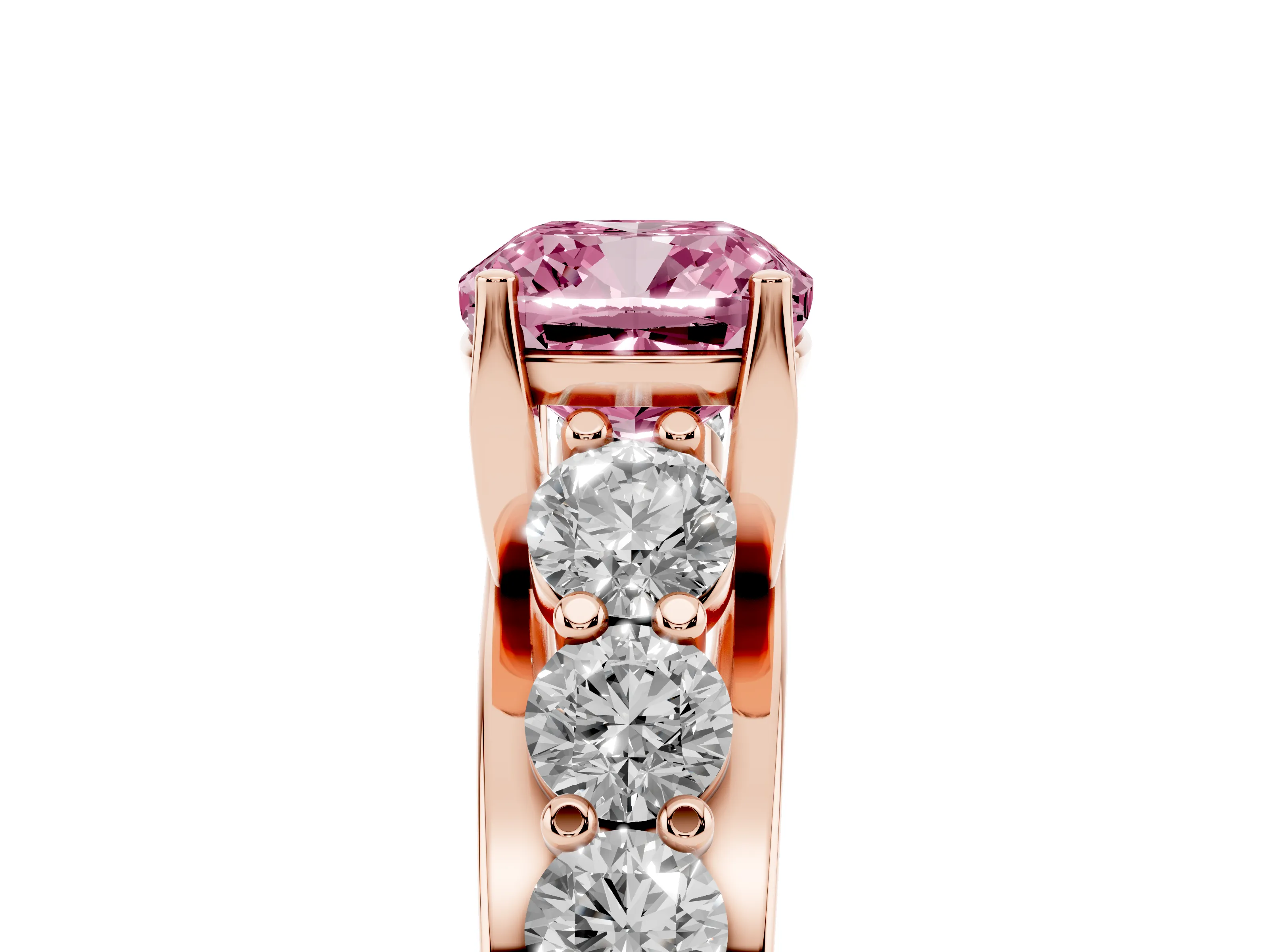 Fancy Pink Cushion Cut Diamond Pavé Engagement Ring Set in Rose gold with Prong Setting