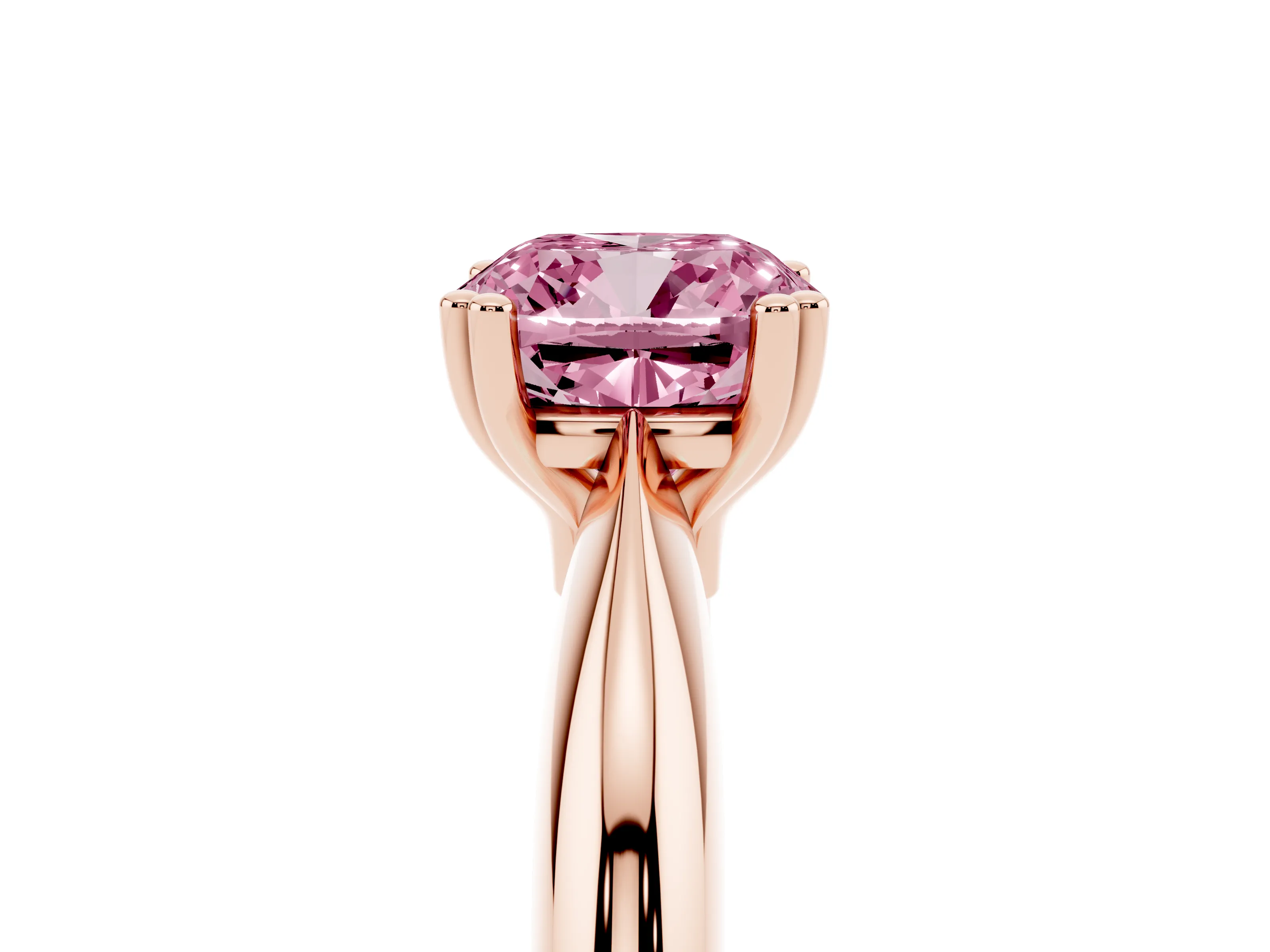 Fancy Pink Cushion Cut Diamond Solitaire Engagement Ring Set in Rose gold with Tapered Band and Prong Setting