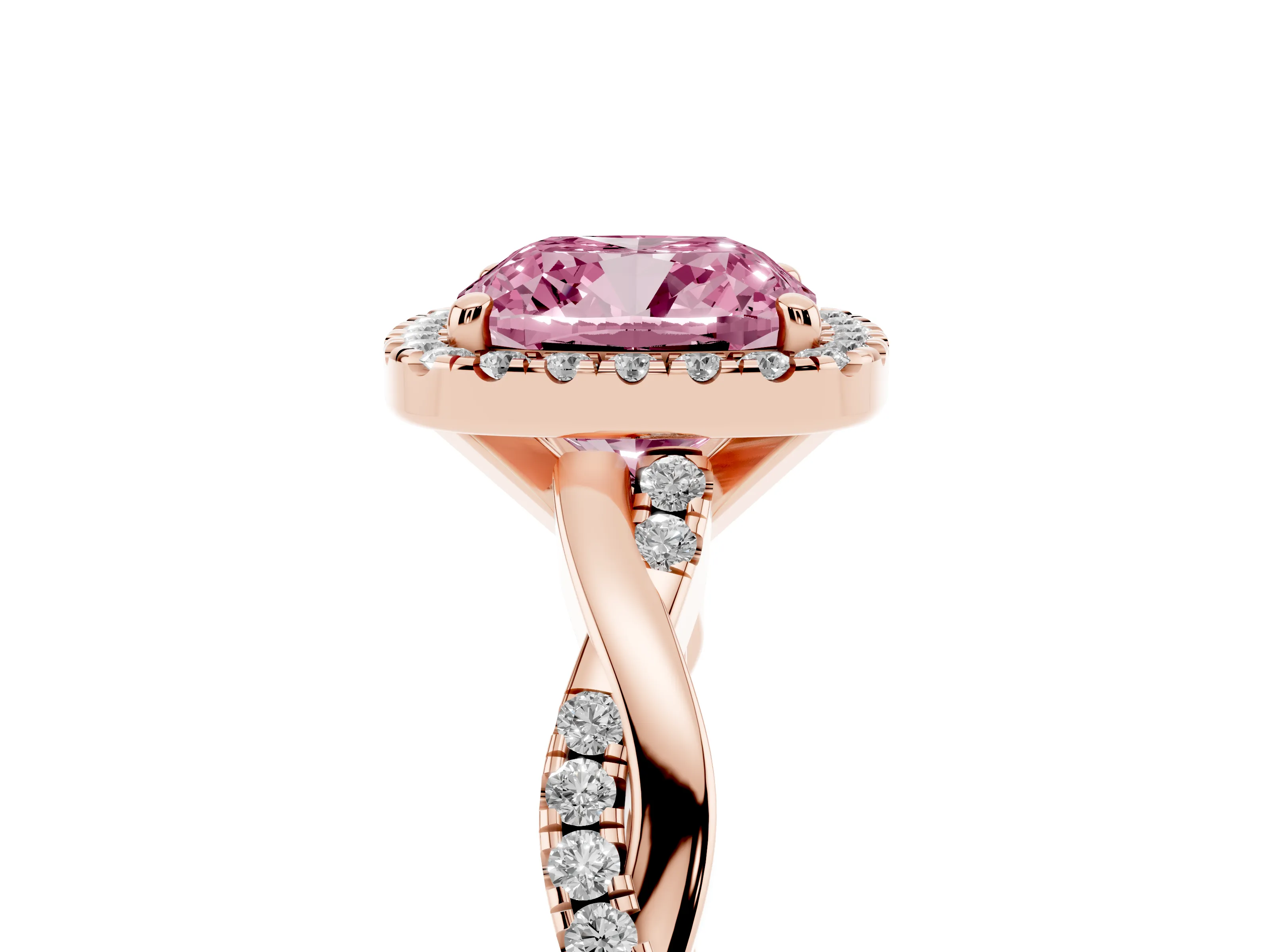 Fancy Pink Cushion Cut Diamond Halo Twisted Band Ring Set in Rose gold with Prong Setting