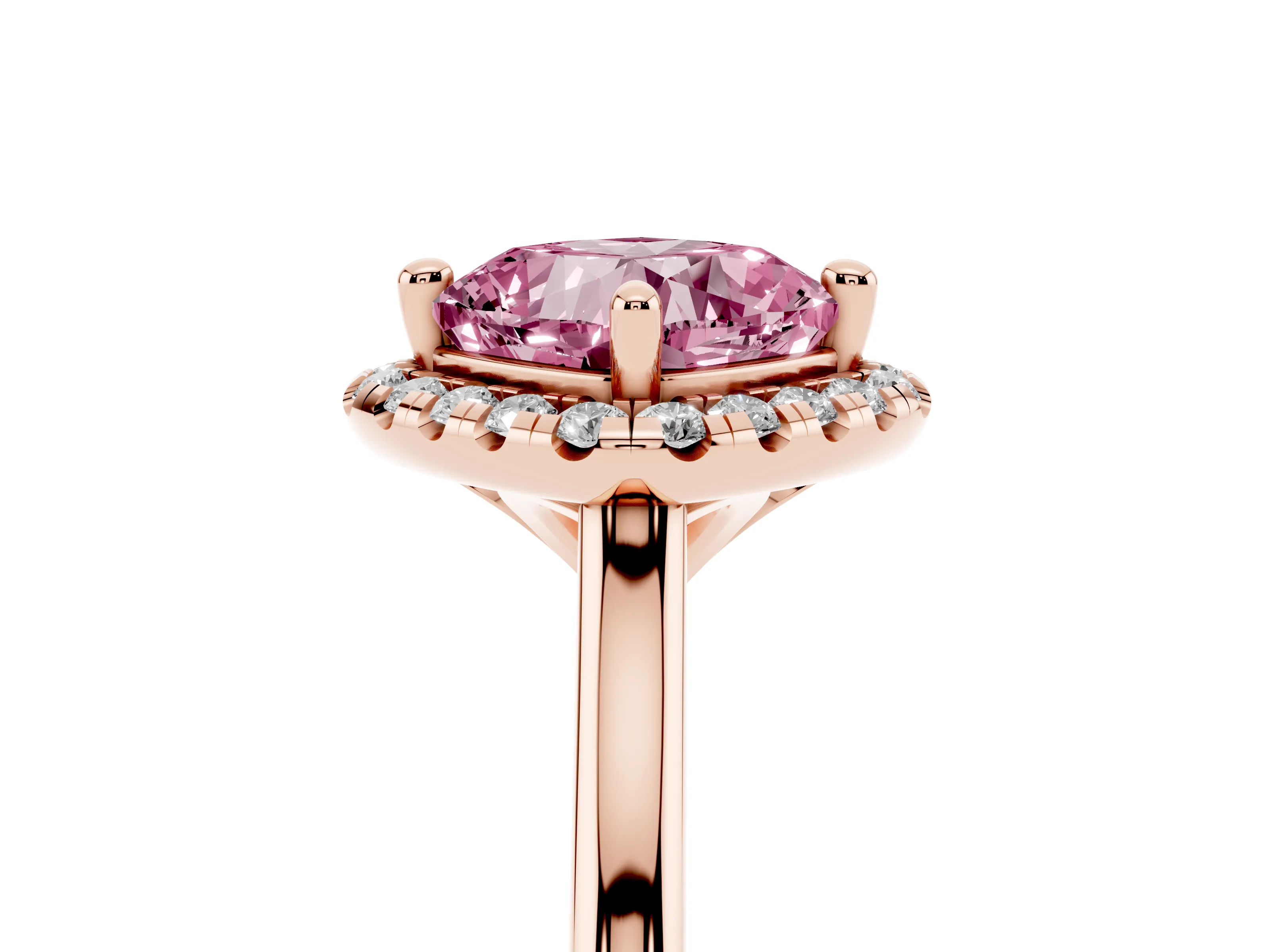 Fancy Pink Cushion Cut Diamond Halo Engagement Ring Set in Rose gold with Pavé Band and Rising Shoulders