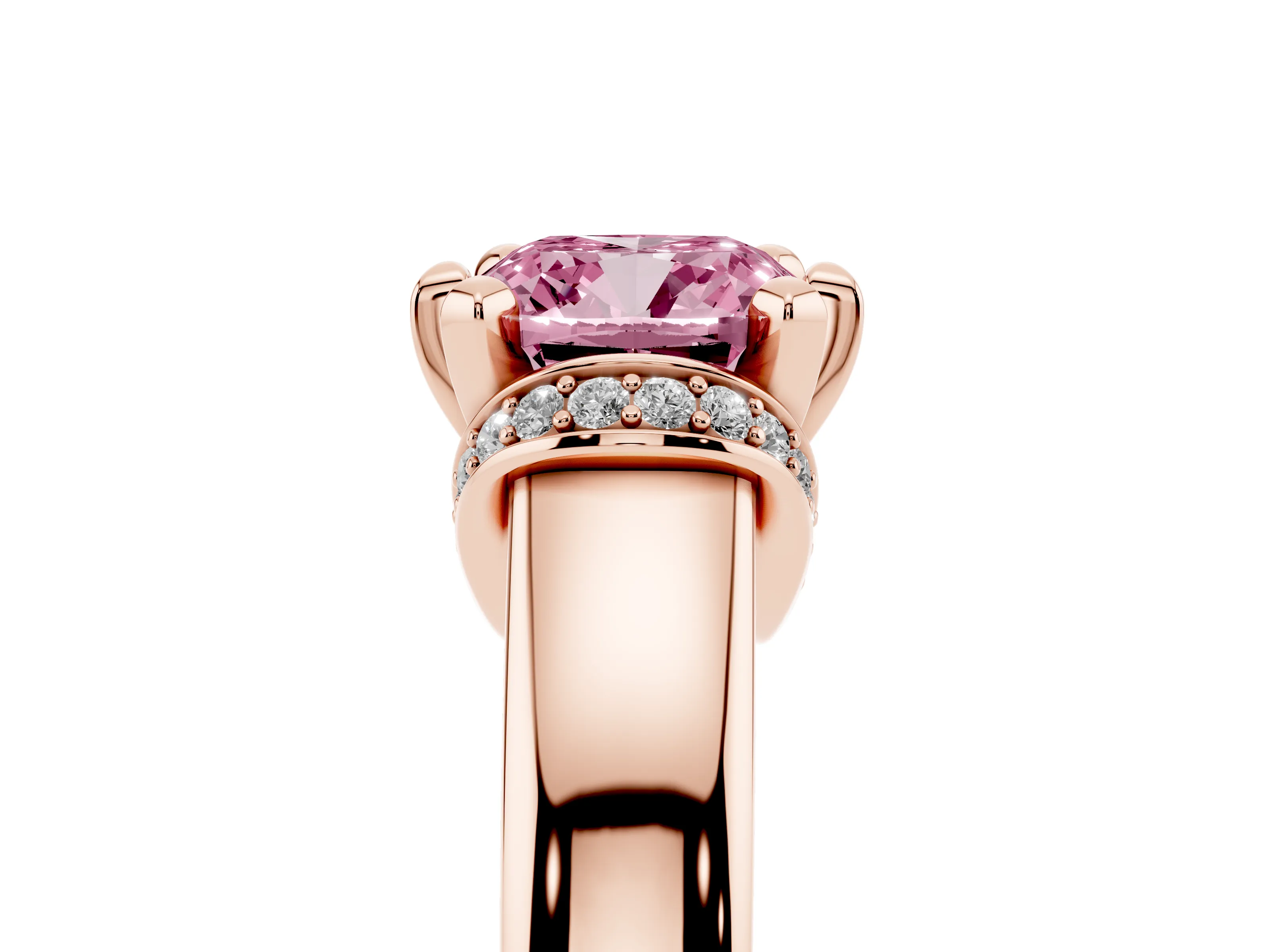 Fancy Pink Cushion Cut Diamond Pavé Band Solitaire Ring Set in Rose gold with Prong Setting