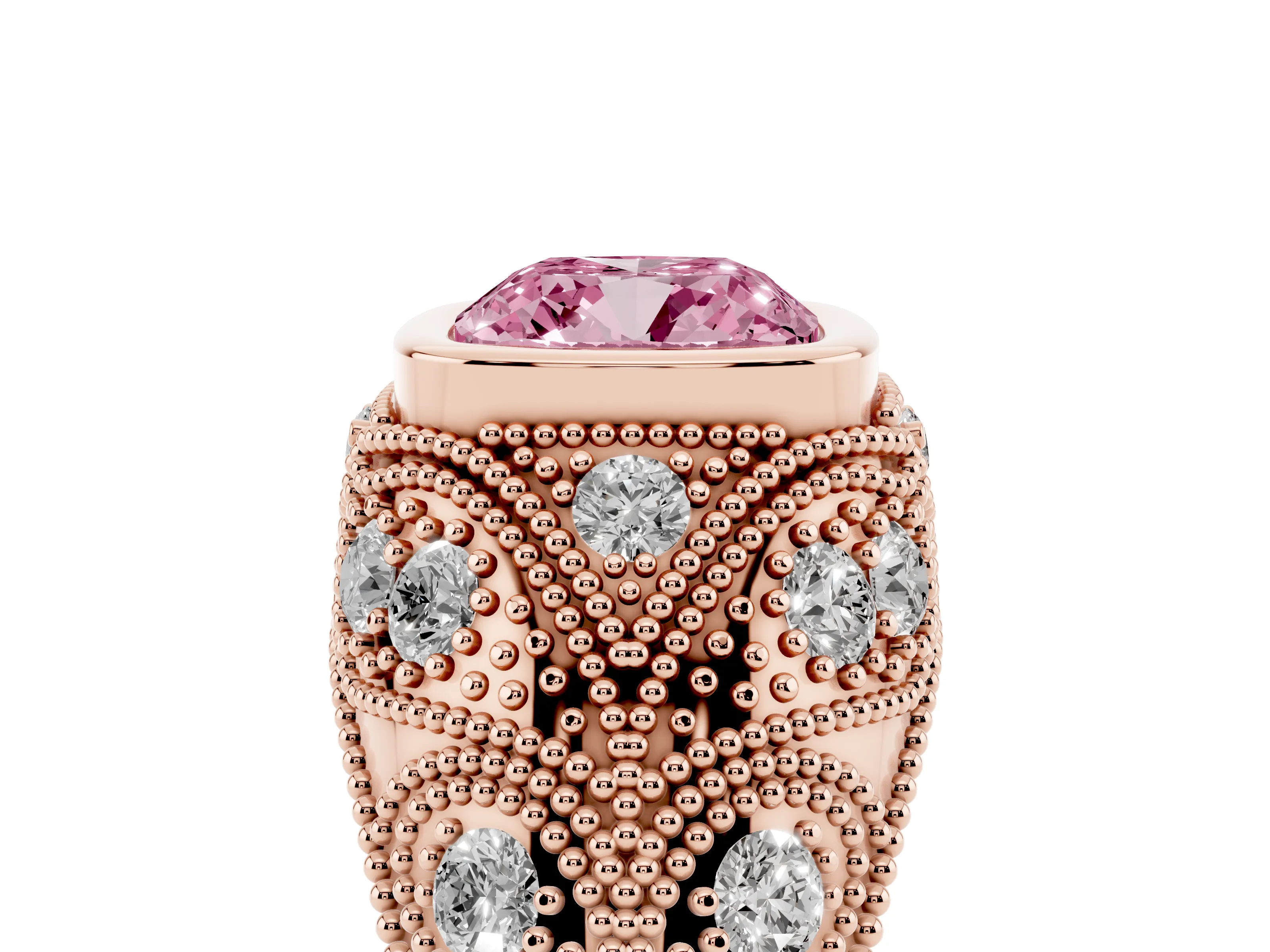 Fancy Pink Cushion Cut Diamond Bezel Ring Set in Rose gold with Milgrain Accent Band