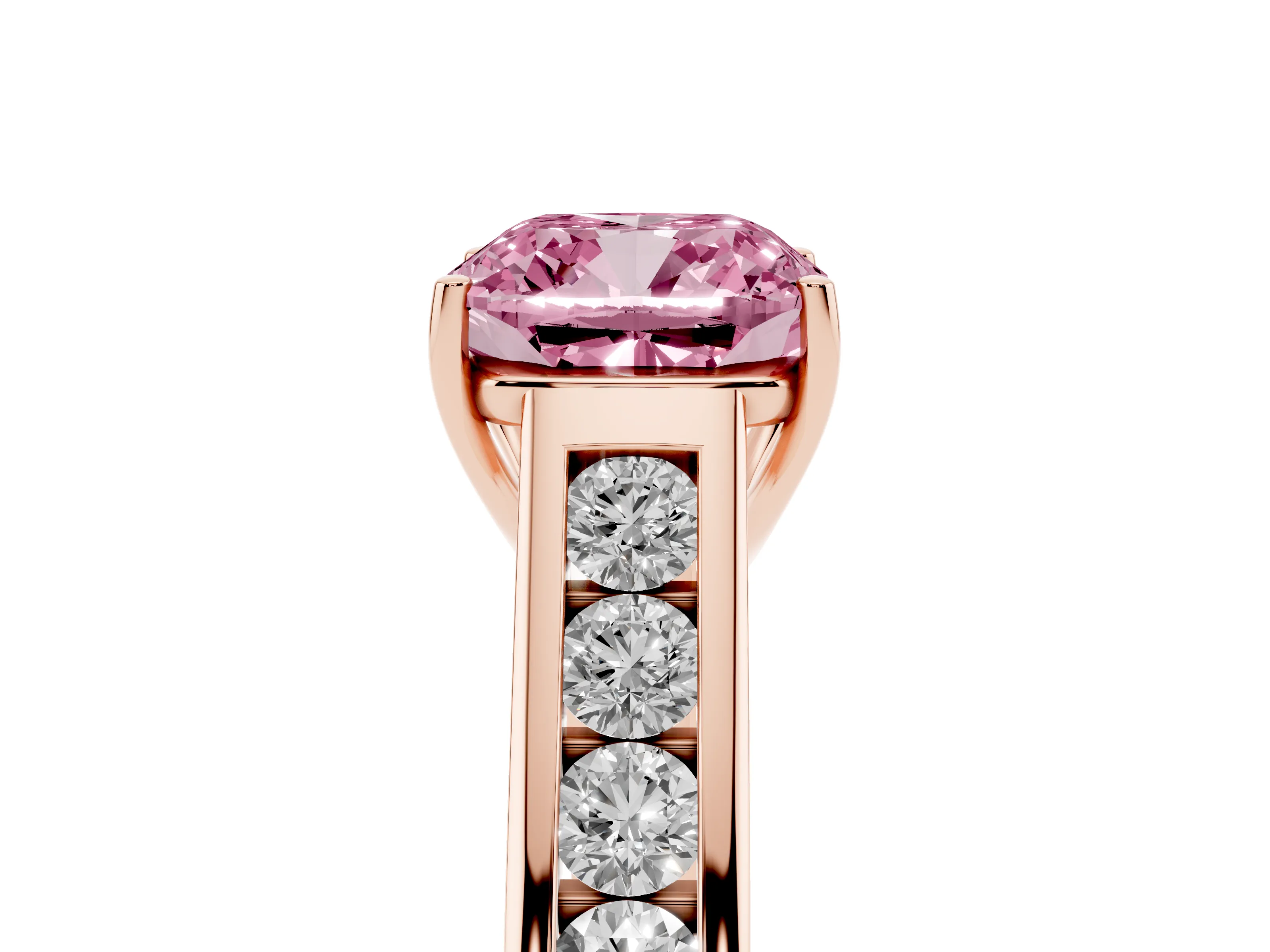 Fancy Pink Cushion Cut Diamond Brilliant Channel-Set Solitaire Ring Set in Rose gold with Prong Setting