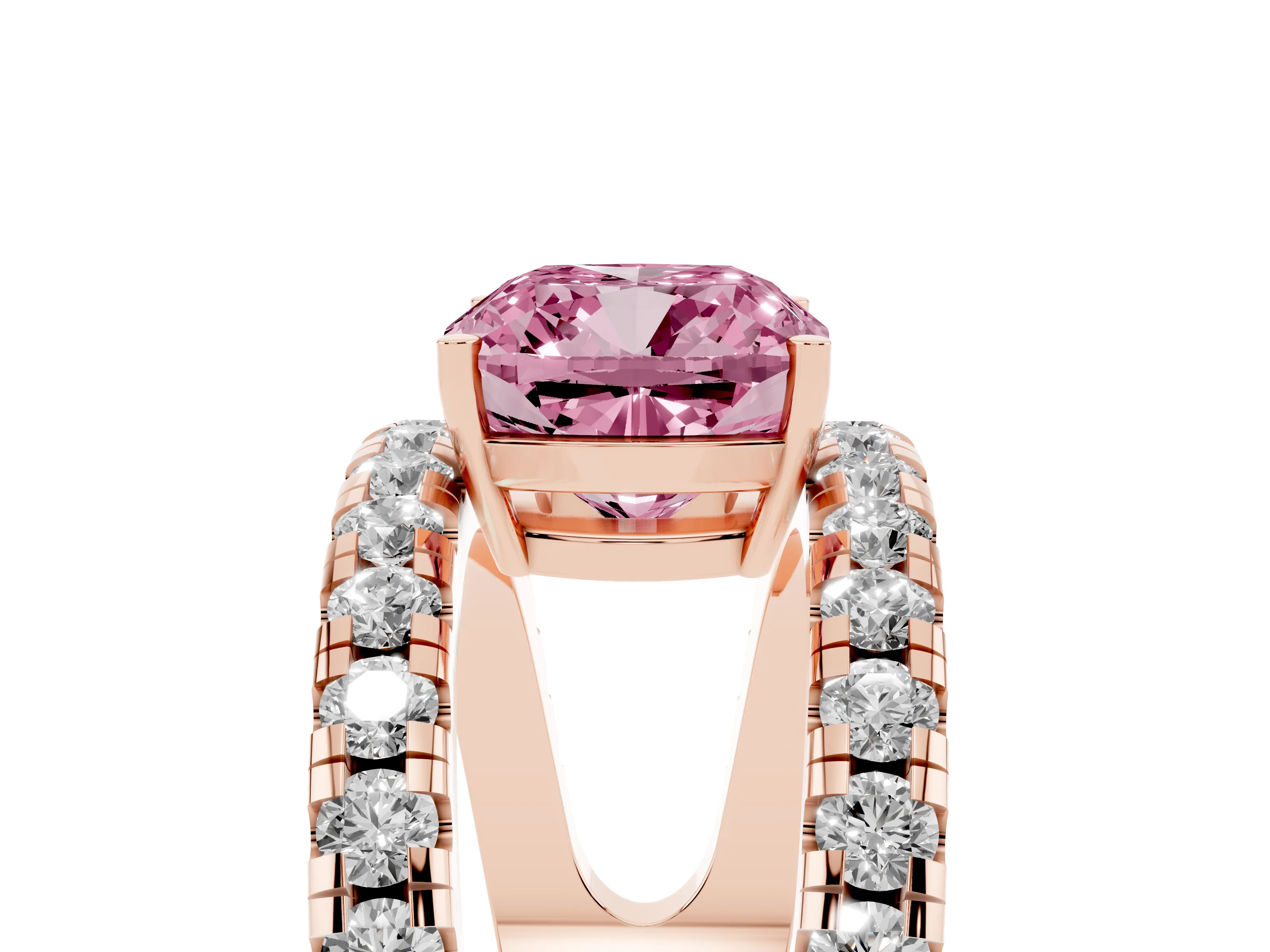 Fancy Pink Cushion Cut Diamond Split Shank Pavé Solitaire Ring Set in Rose gold with Open Shank Design