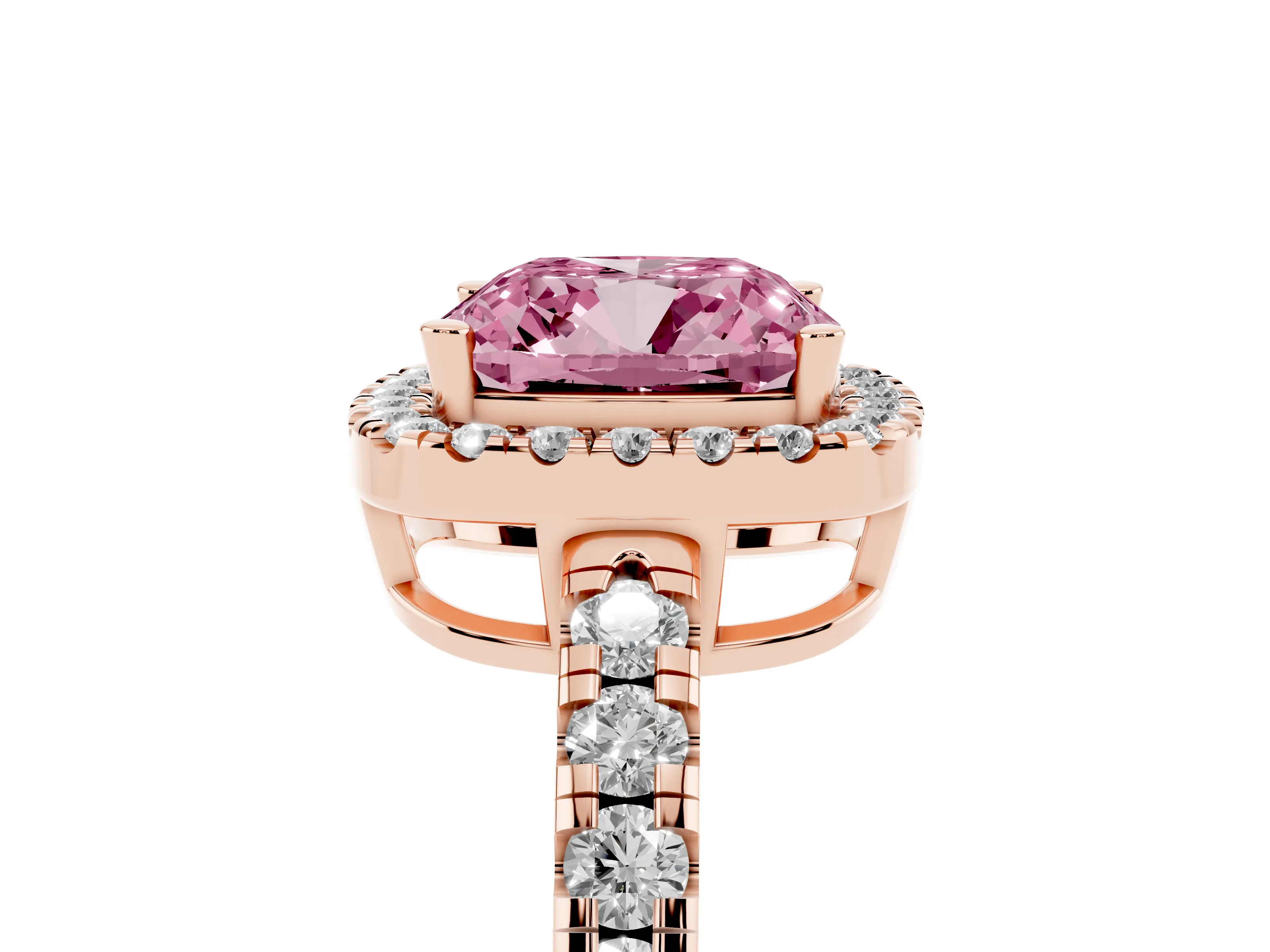 Fancy Pink Cushion Cut Diamond Halo Ring Set in Rose gold with Delicate Pavé Band and Prong Setting