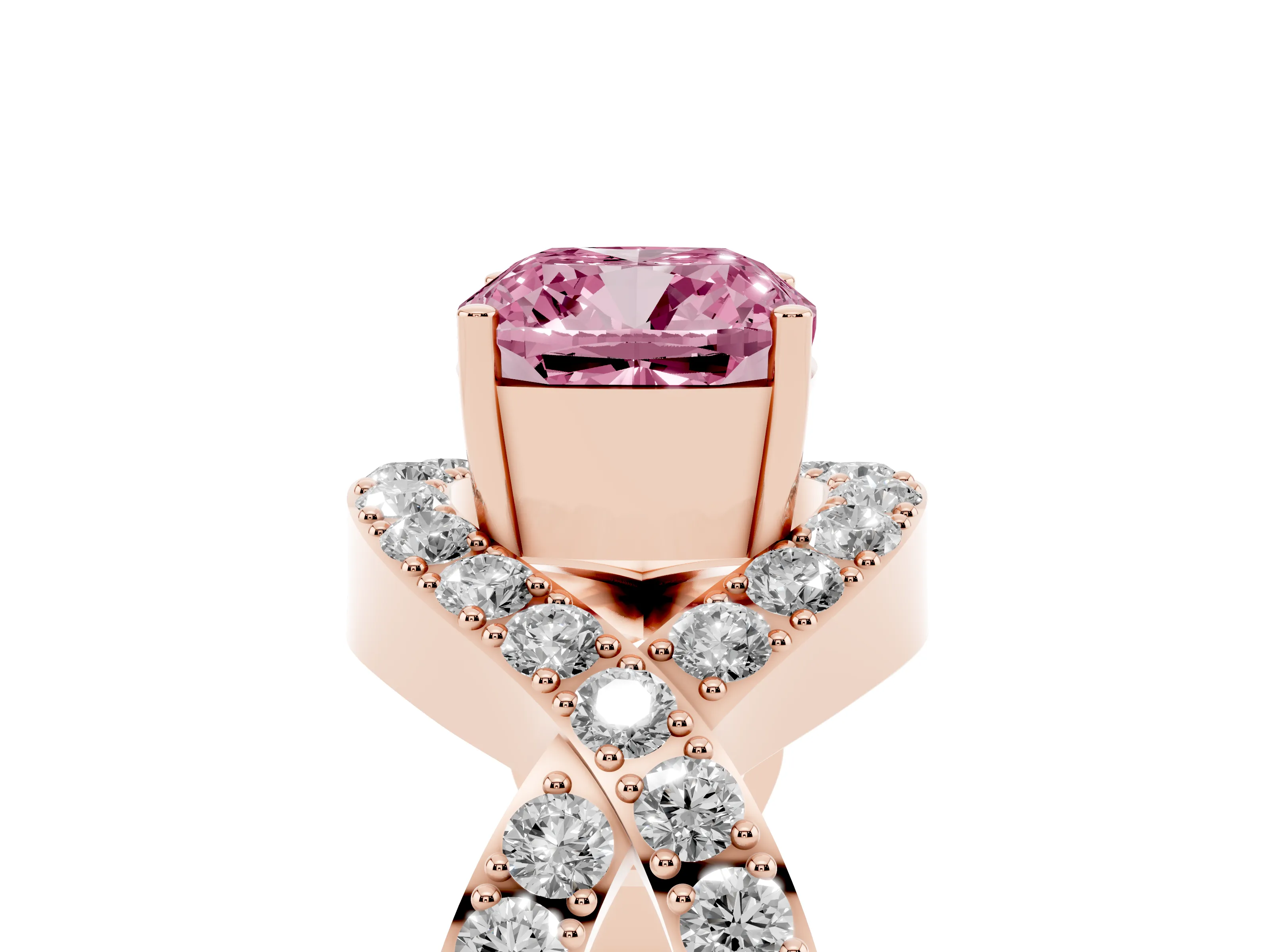 Fancy Pink Cushion Cut Diamond Solitaire Twist Band Pavé Engagement Ring Set in Rose gold