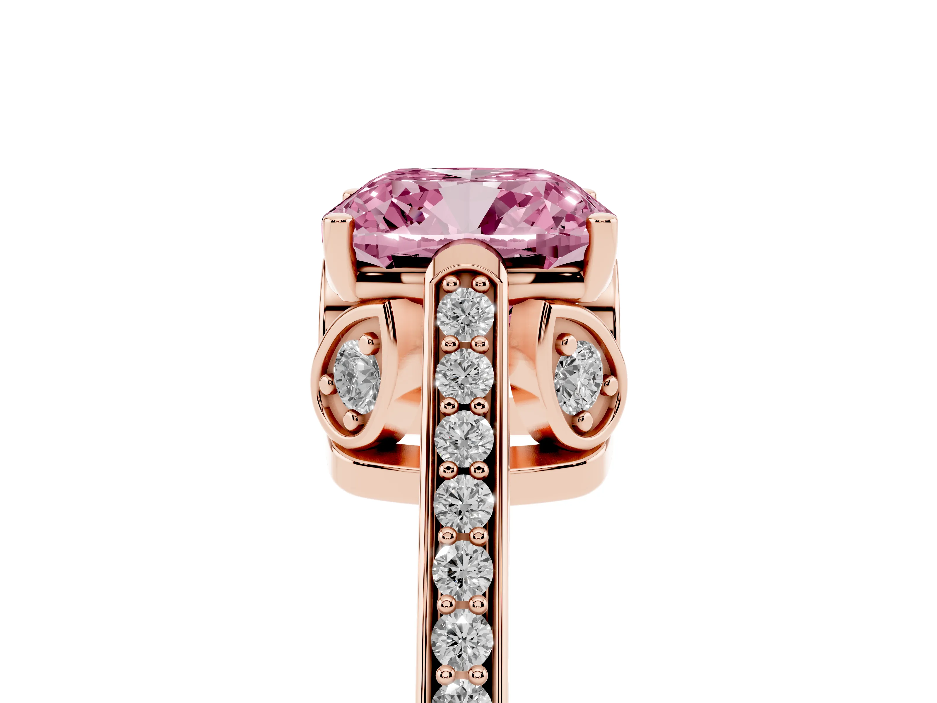 Fancy Pink Cushion Cut Diamond Cathedral Pavé Engagement Ring Set in Rose gold with Prong Setting