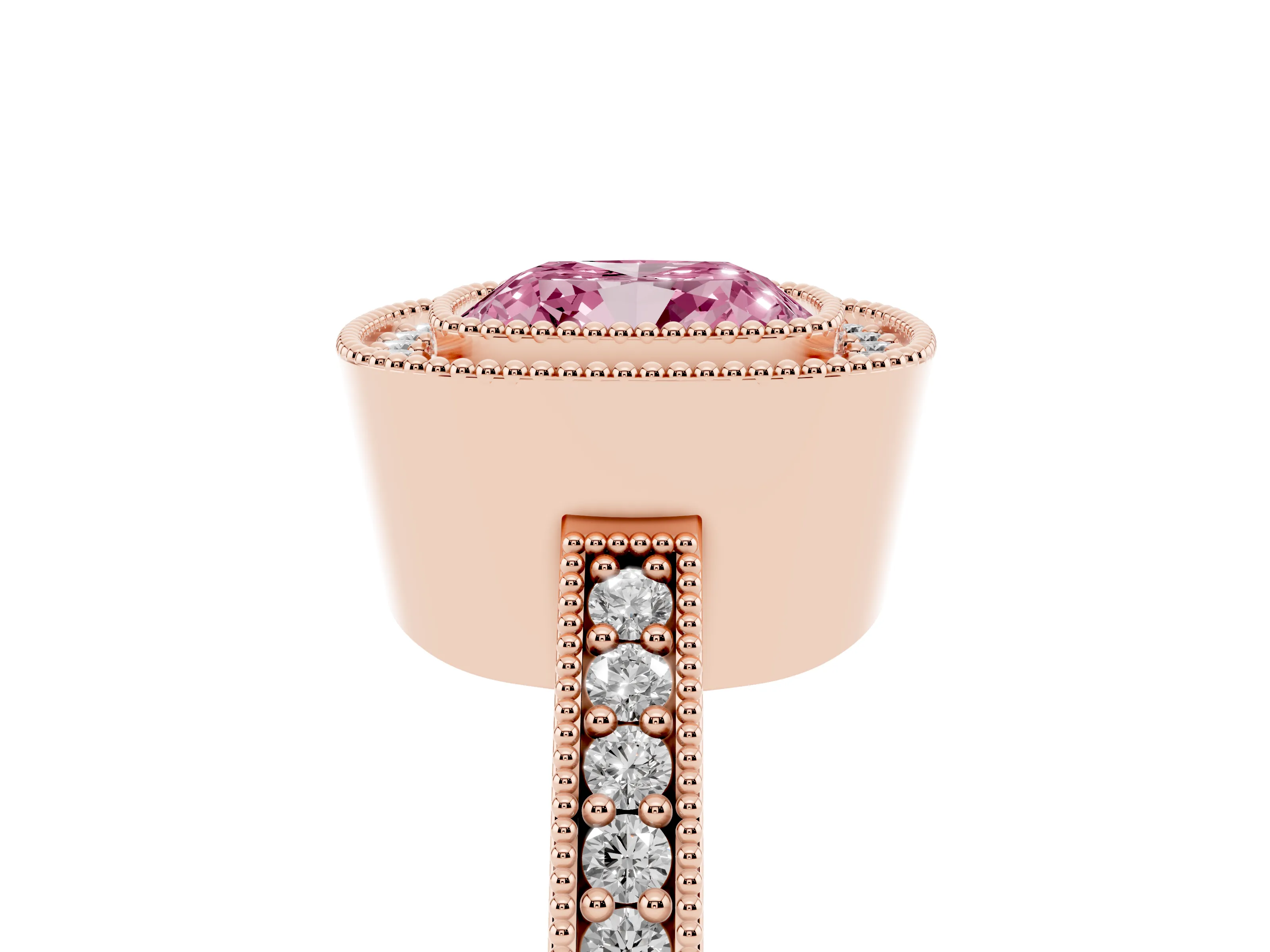 Fancy Pink Cushion Cut Diamond Halo Engagement Ring Set in Rose gold with Pavé Band and Round Halo Stones