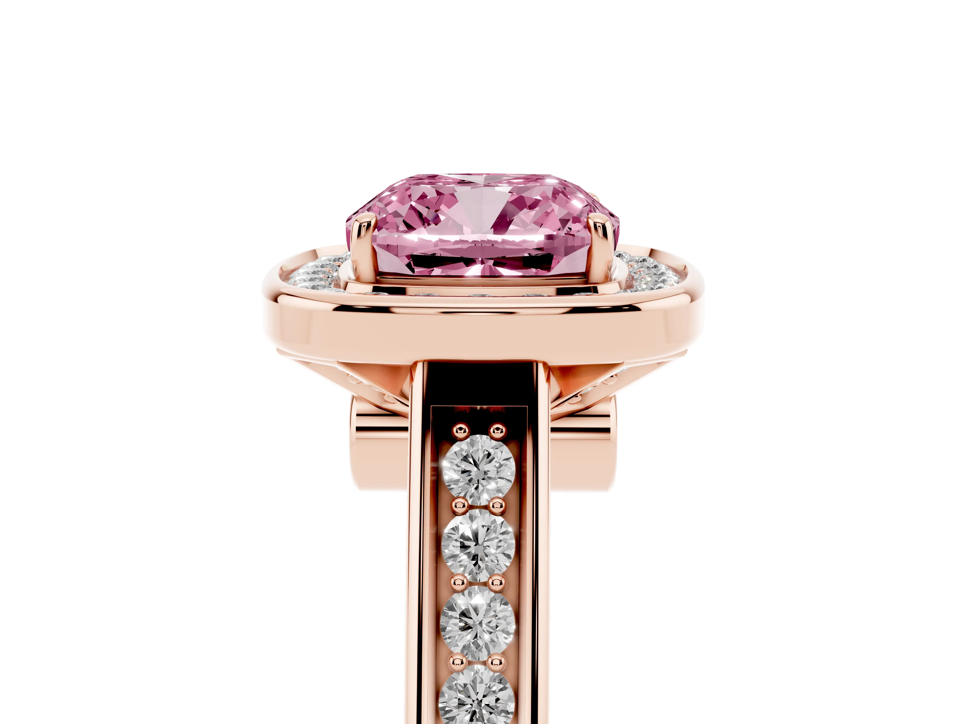 Fancy Pink Cushion Cut Diamond Halo Solitaire Ring Set in Rose gold with Pavé Band and Bezel Setting