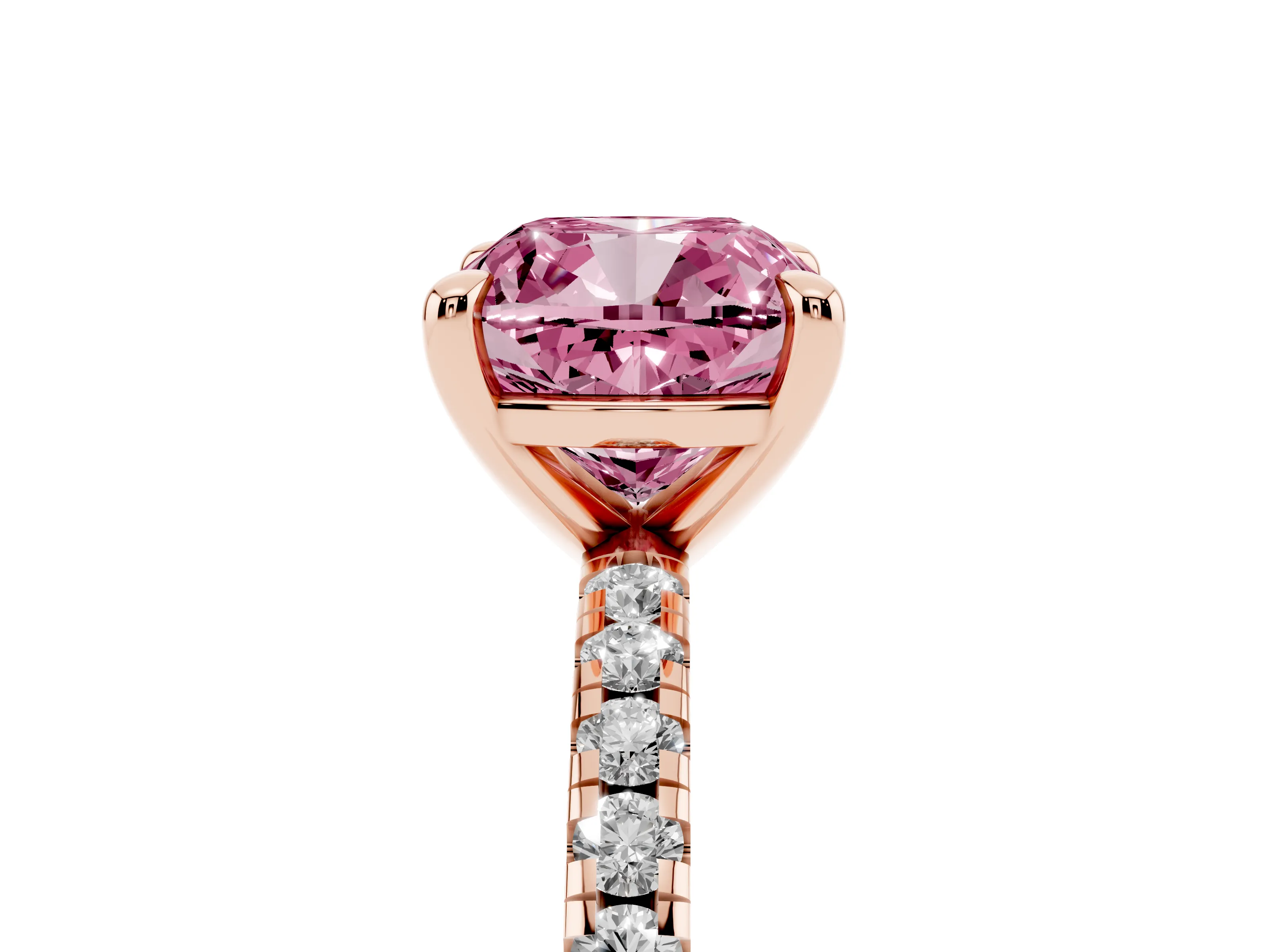 Fancy Pink Cushion Cut Diamond Brilliant Solitaire Ring Set in Rose gold with Pavé Band and Prong Setting