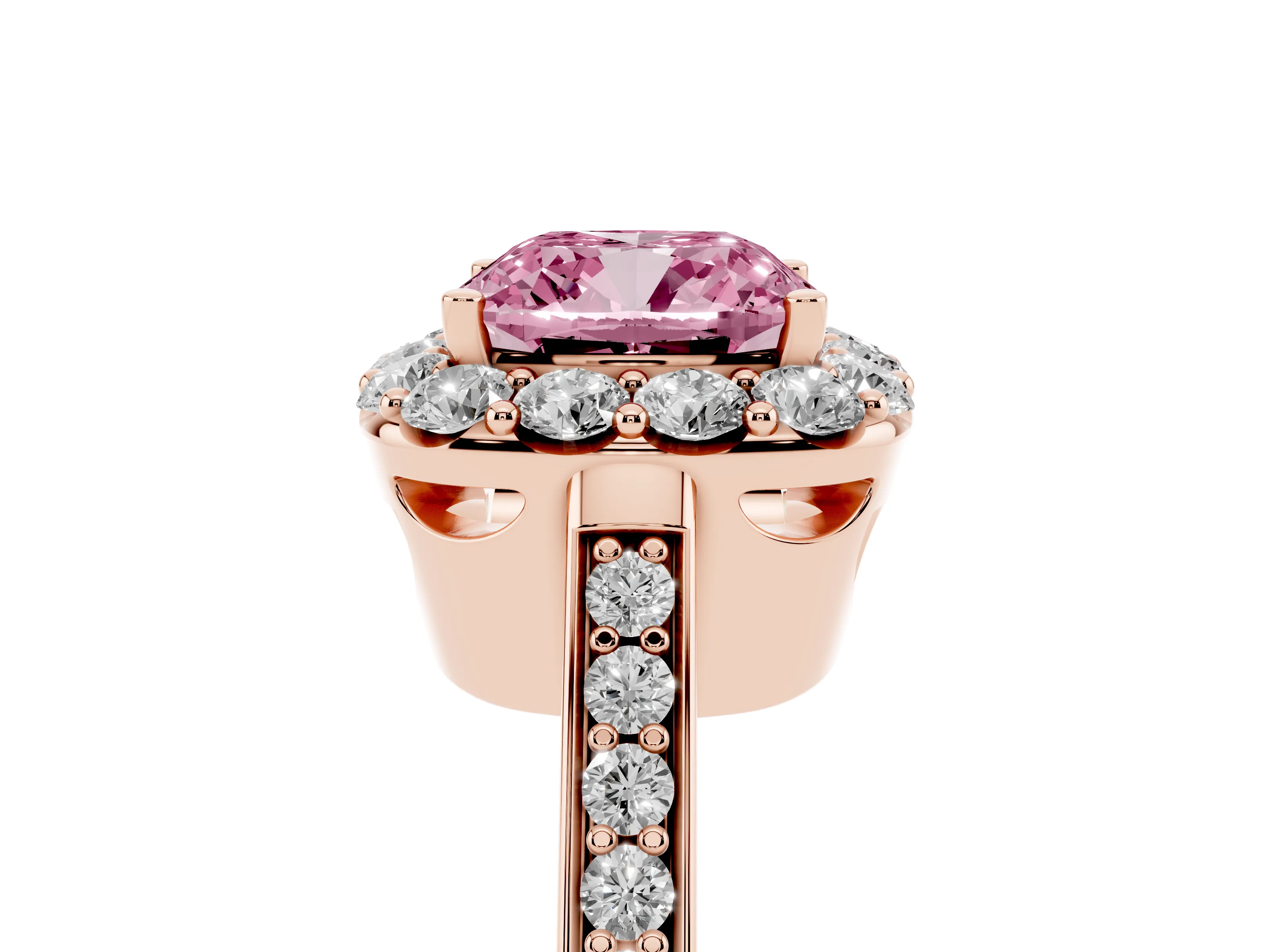 Fancy Pink Cushion Cut Diamond Floral Halo Ring Set in Rose gold with Pavé Band and Prong Setting