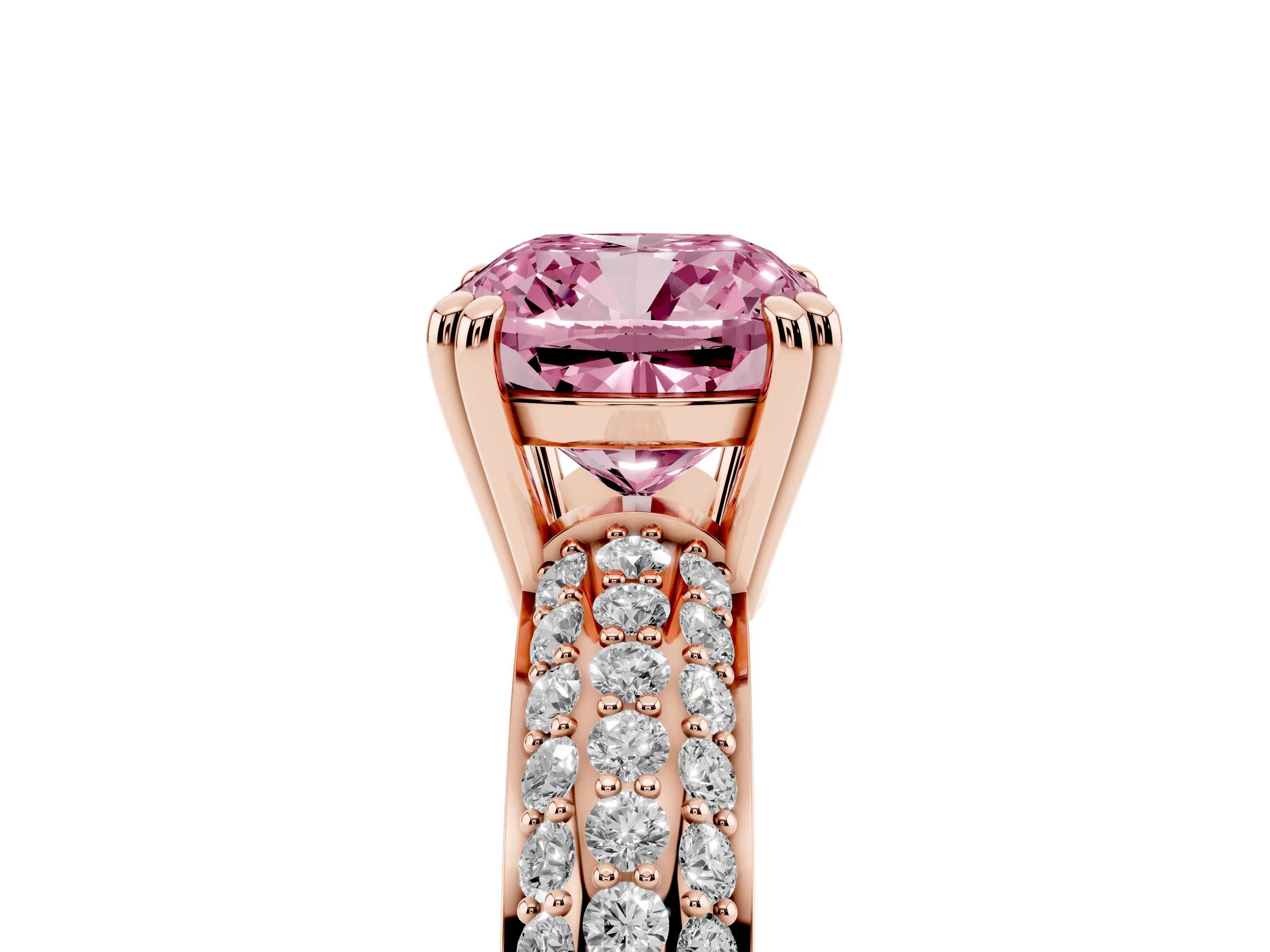 Fancy Pink Cushion Cut Diamond Solitaire Ring Set in Rose gold with Multi-Row Round Pavé Band and Prong Setting