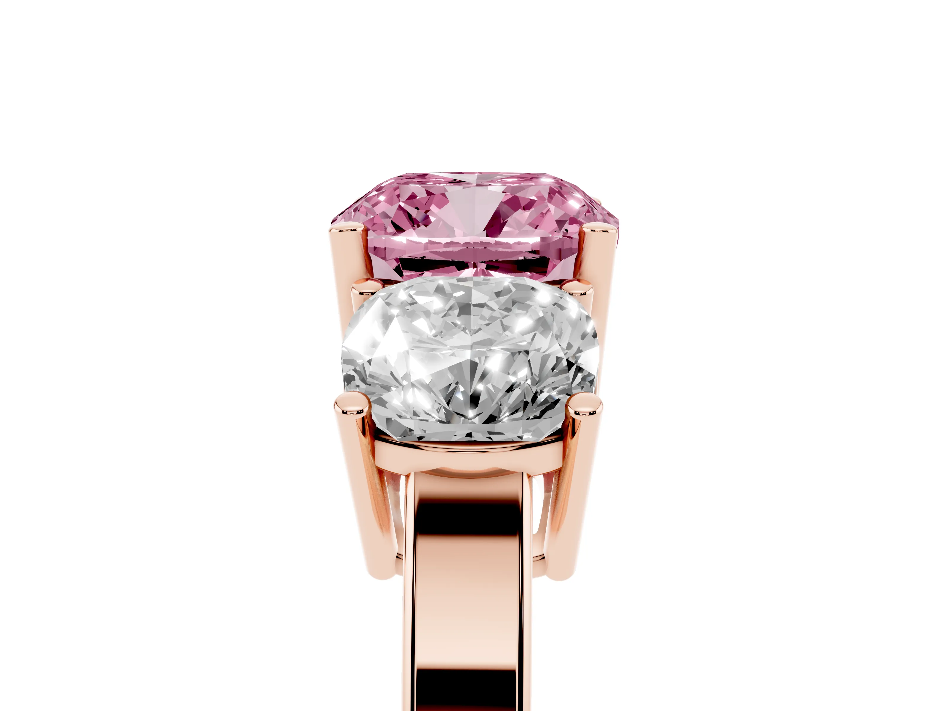 Fancy Pink Cushion Cut Diamond Three-Stone Engagement Ring Set in Rose gold with Flat Band